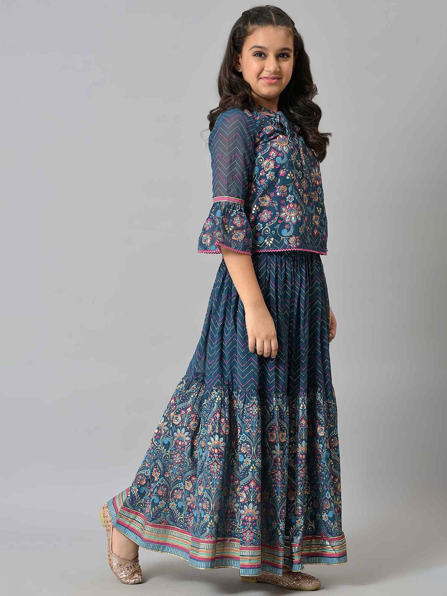 Aurelia Kids Dark Blue Floral Print Top with Skirt