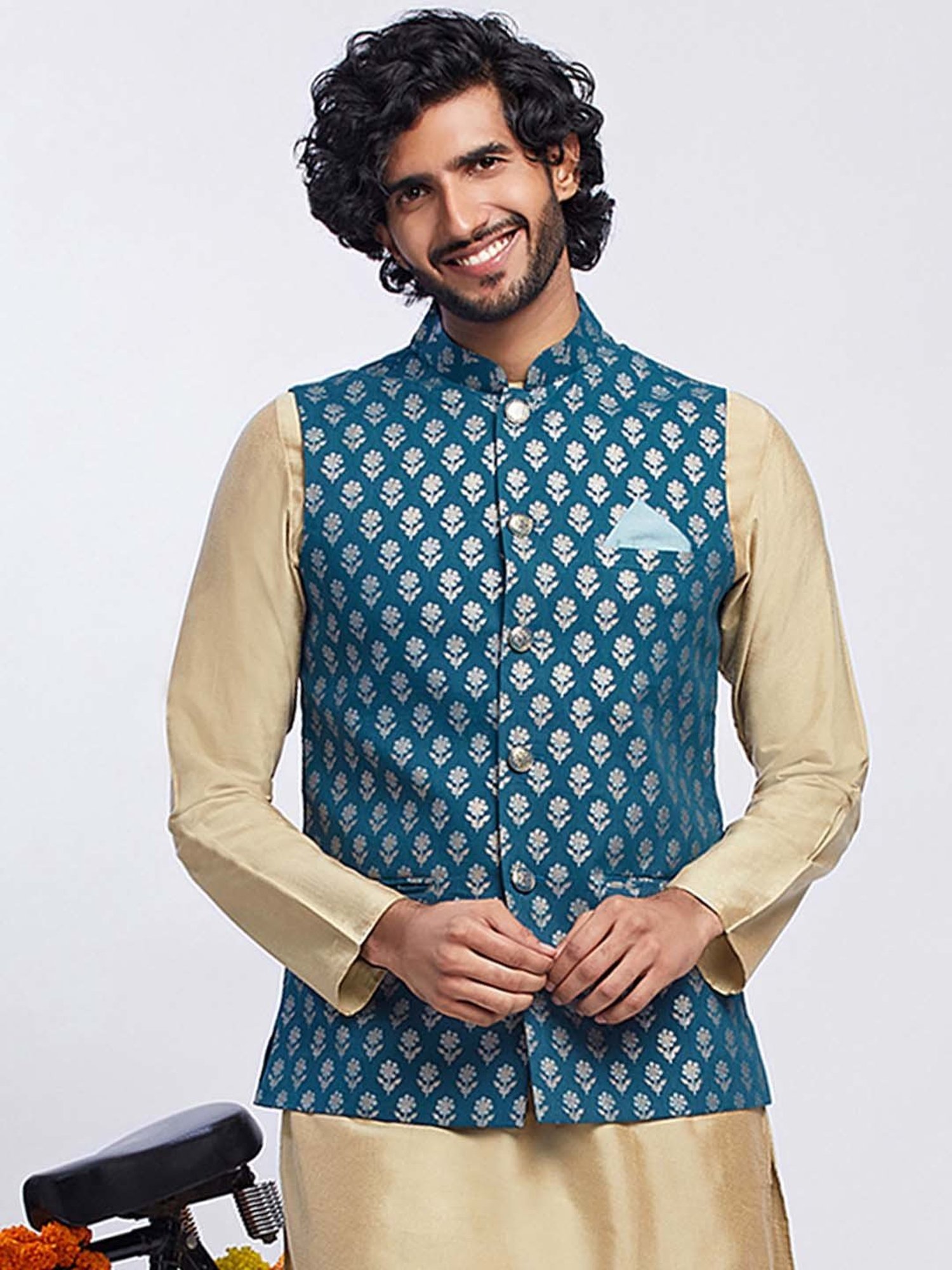 KISAH Teal Regular Fit Printed Nehru Jacket