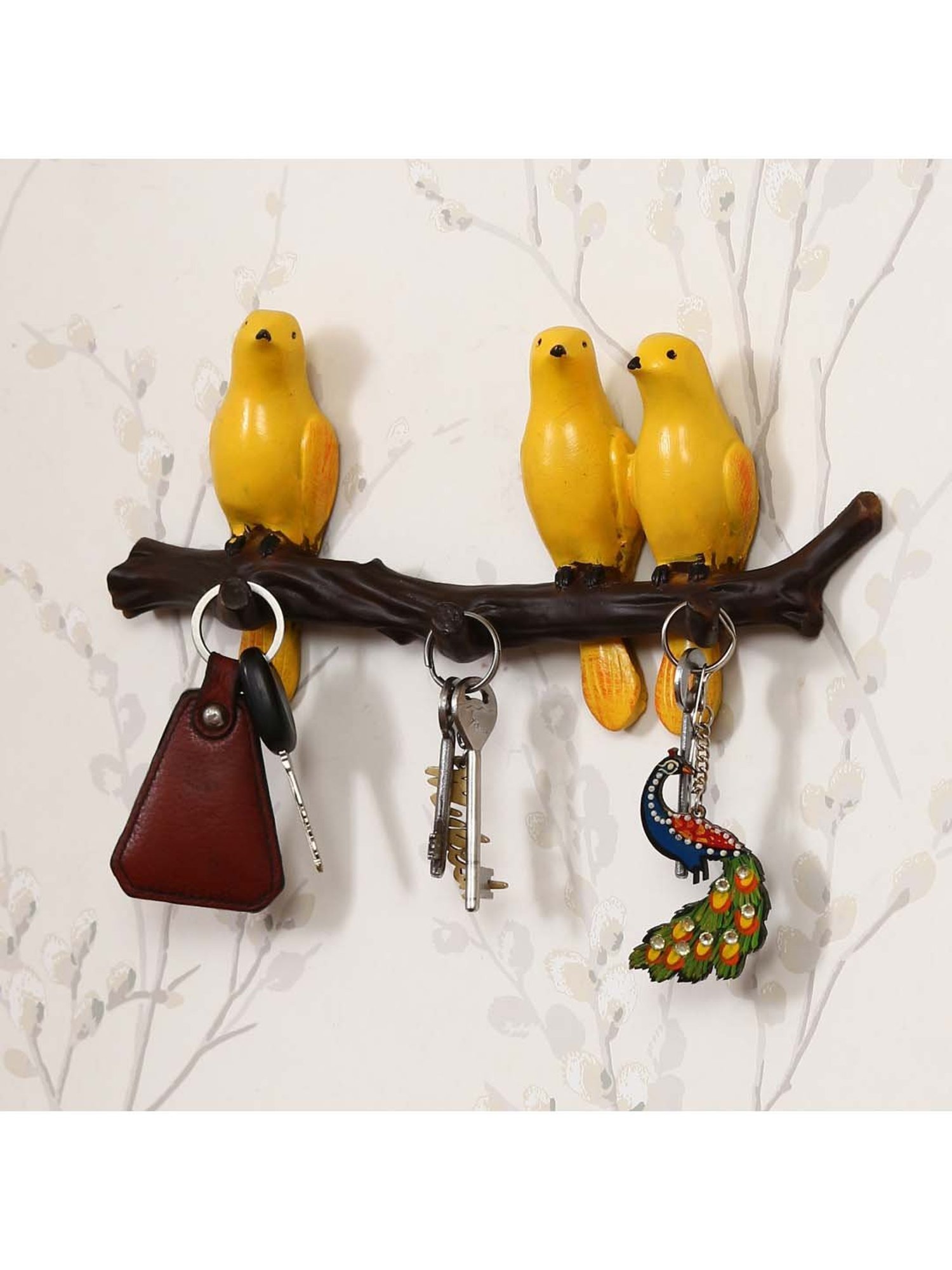 eCraftIndia 3 Yellow Birds Sitting on Tree Branch Decorative Key Holder