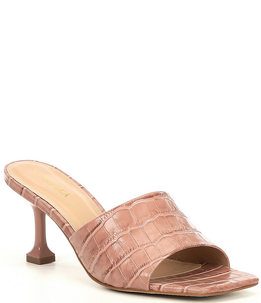 Carvela Grow Croc Embossed Leather Square Toe Sculptural Heel Mules