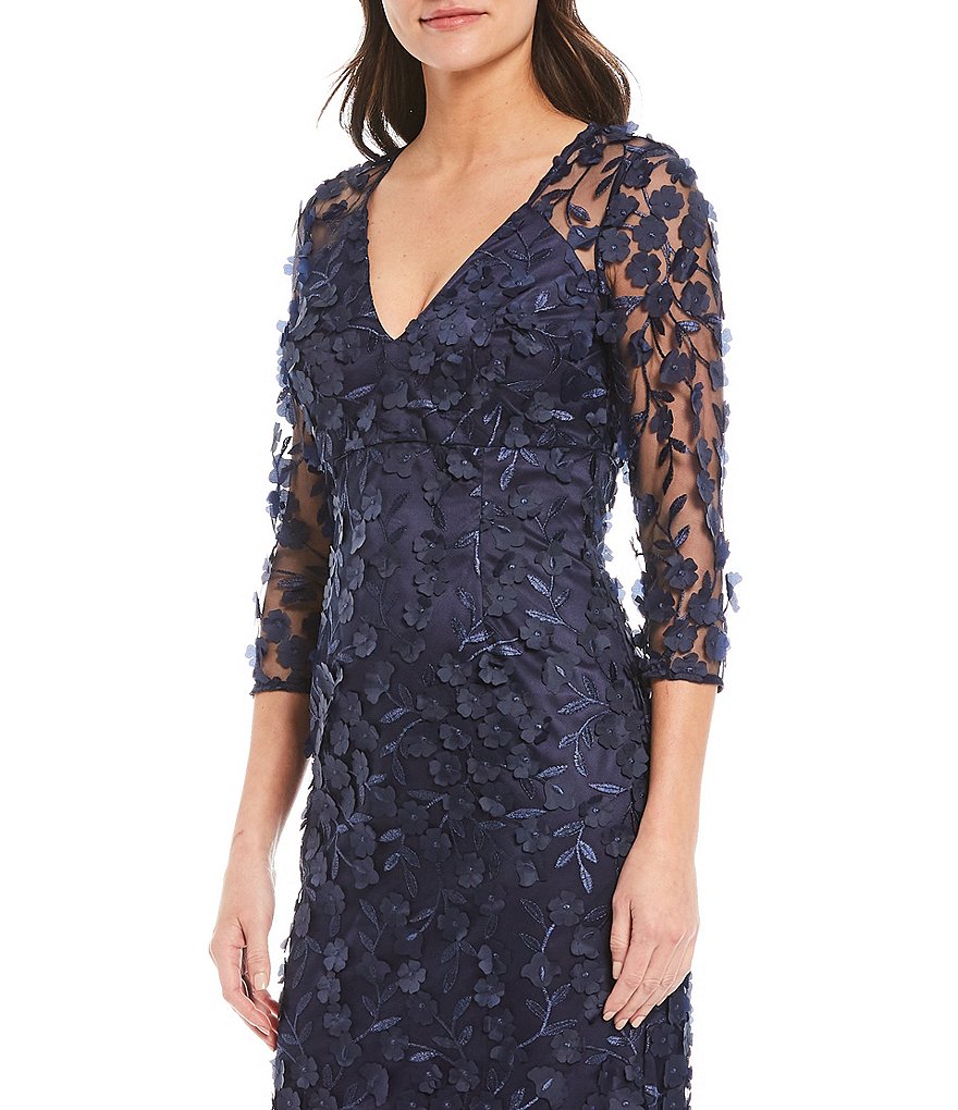 Eliza J 3D V-Neck 3/4 Sheer Sleeve Floral Mesh Sheath Dress