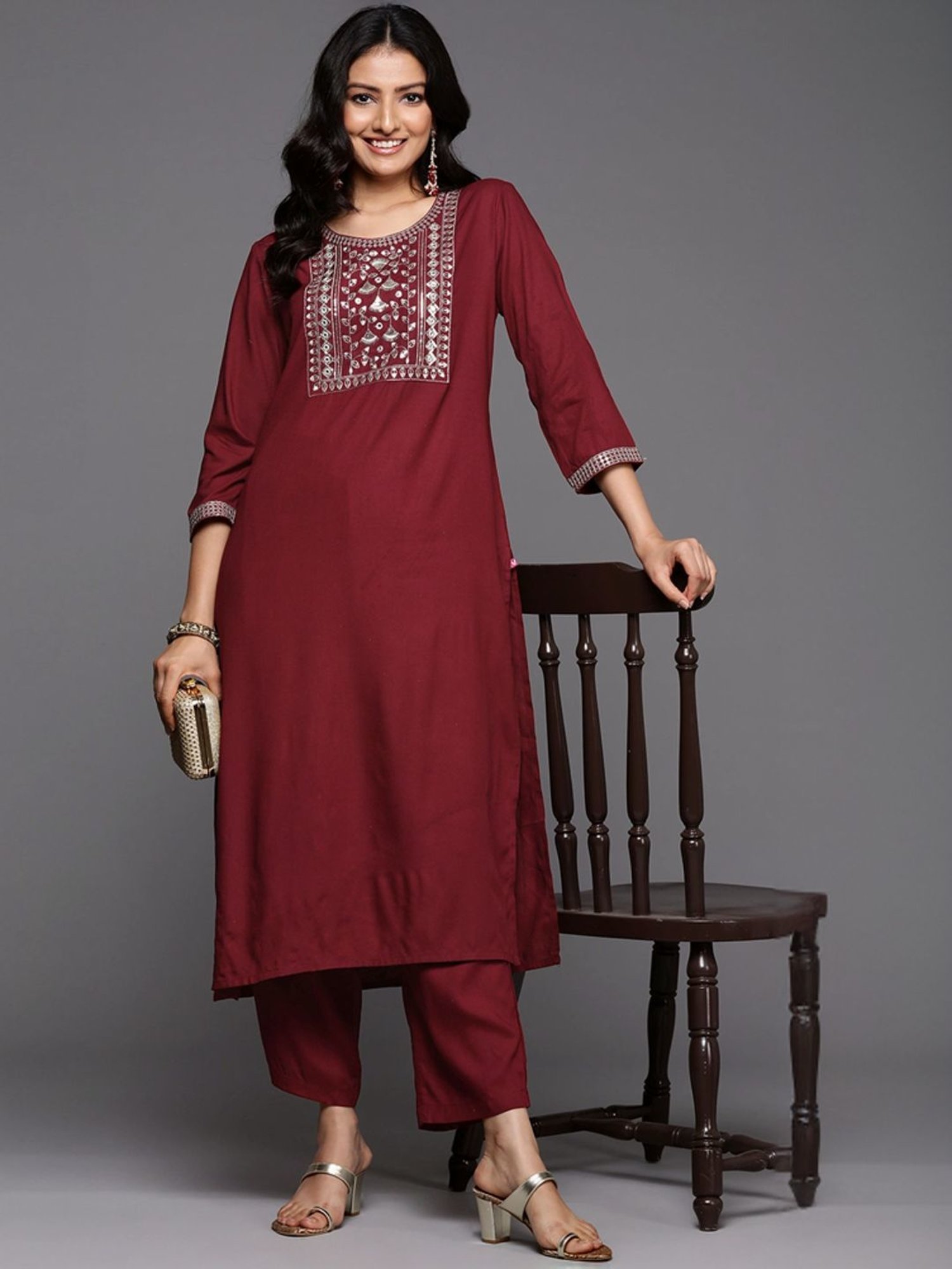 Varanga Maroon Embroidered Kurta Pant Set