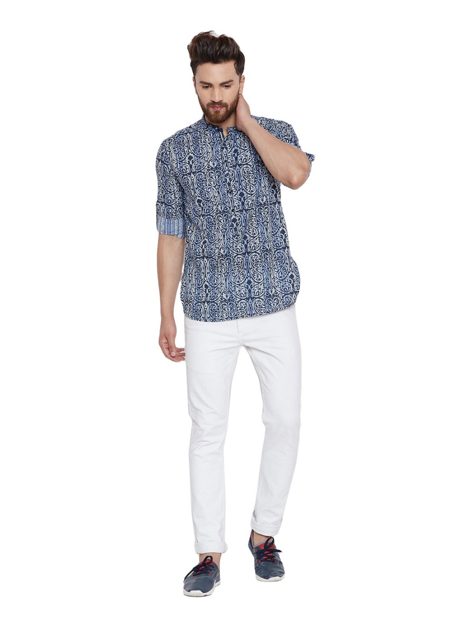 Even Blue Cotton Regular Fit Paisley Short Kurta