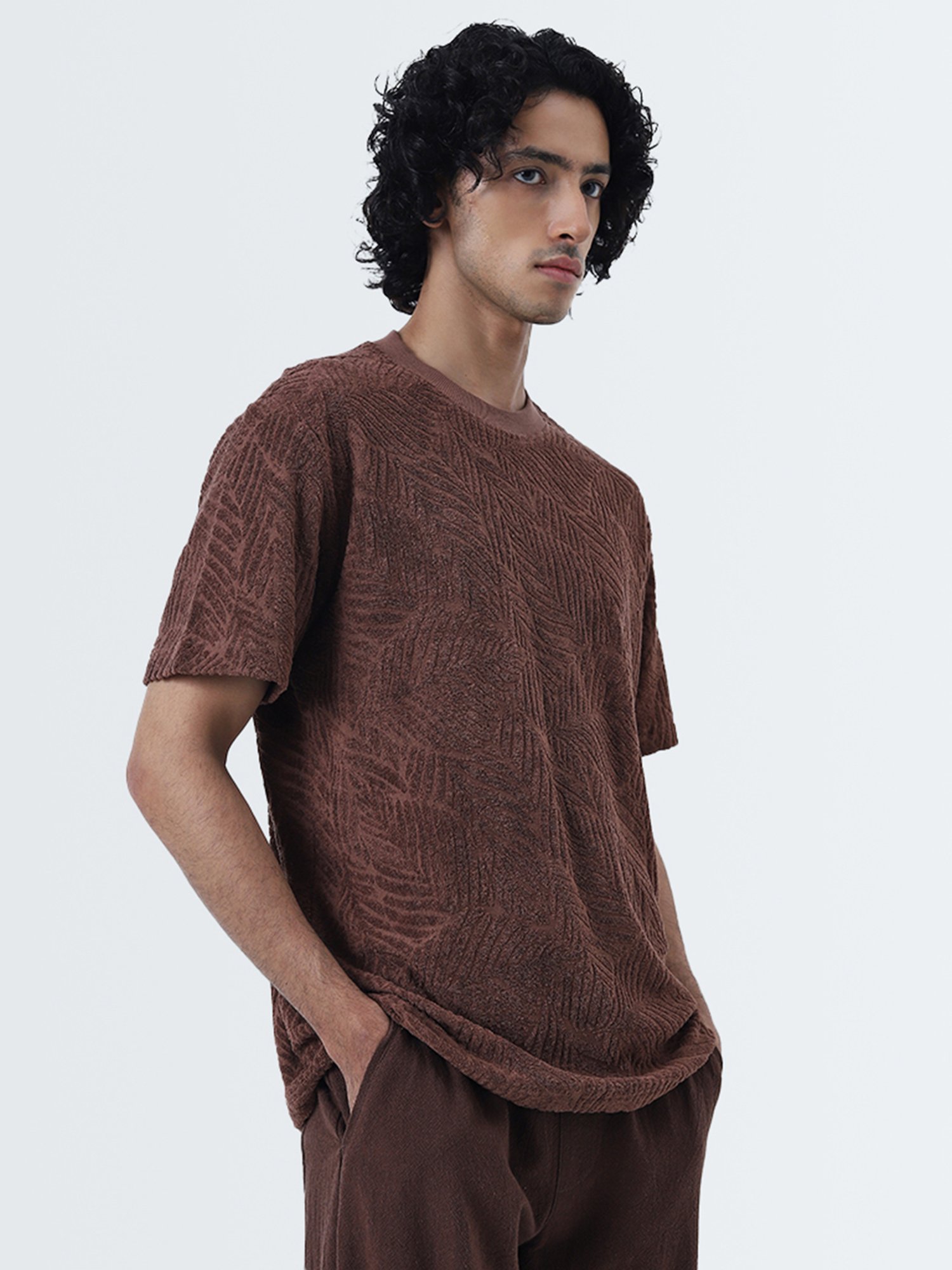 ETA by Westside Brown Self-Textured Slim-Fit Cotton T-Shirt