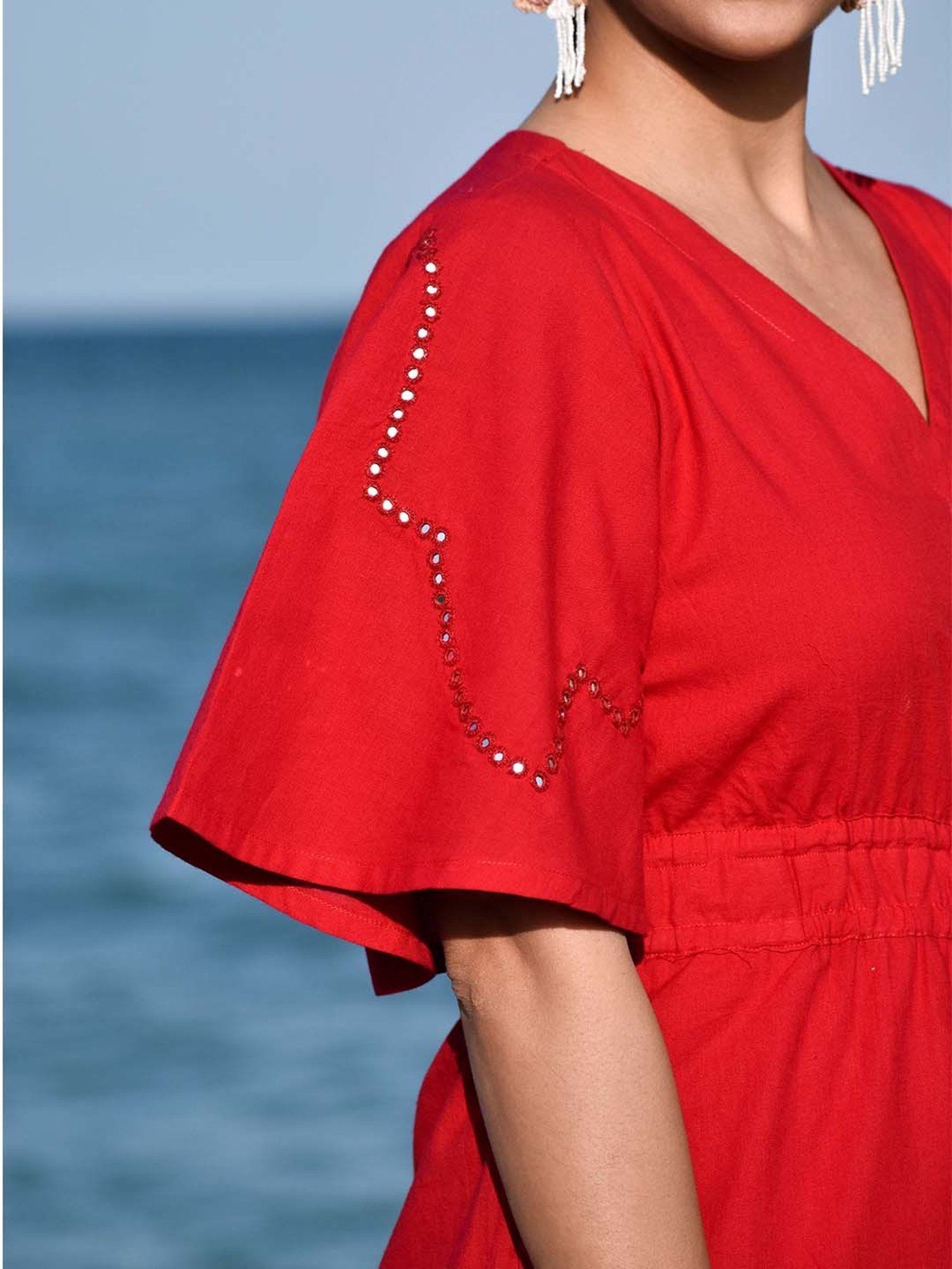 Okhai Pioneer Red Pure Cotton Mirror Work Jumpsuit