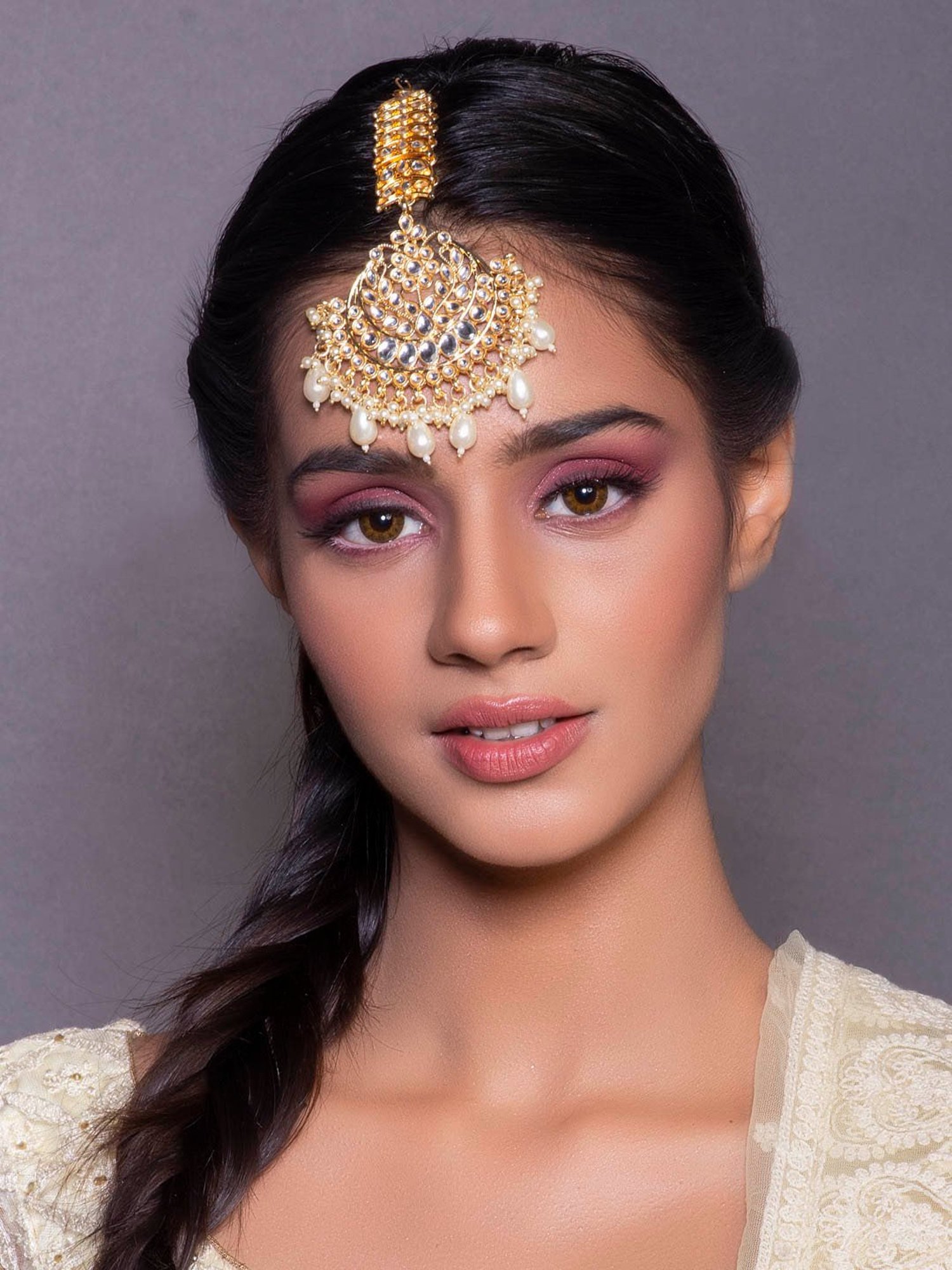 Fida Kundan Pearls Beads Gold-Plated Crescent Maangtikka for Women