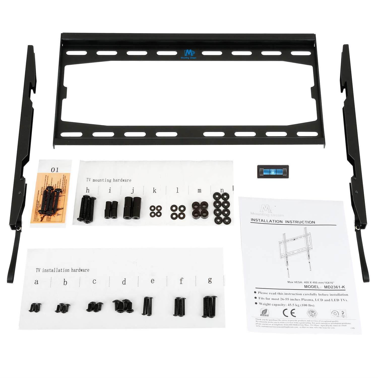 Mounting Dream MD2361-K TV Wall Mount Bracket For Most 32-50 Inch LED, LCD and Plasma TVs Up To VESA 400x400mm and 100 LBS Loading Capacity, Low Profile
