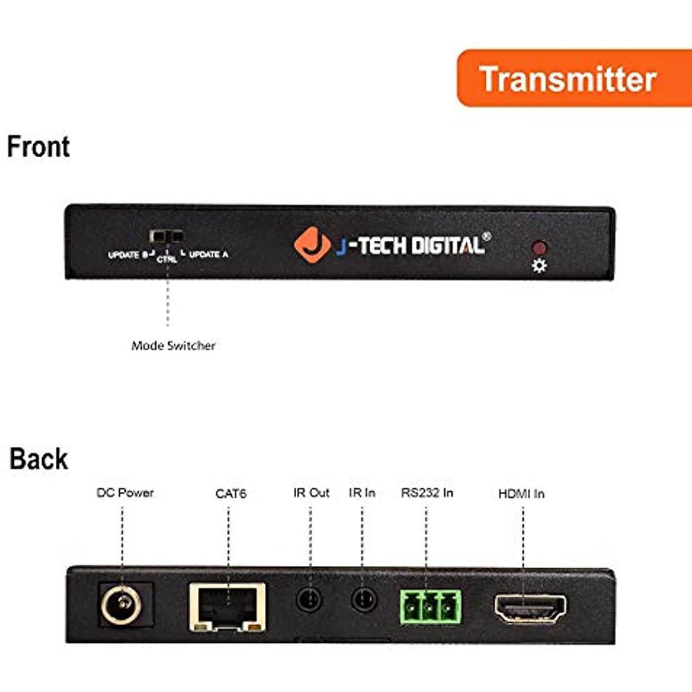 J-Tech Digital HDBaseT 4K@60HZ HDMI Extender 4K@60HZ 4:4:4, HDMI 2.0 Over Single Cable CAT5e/6A up to 230ft (1080P) 131ft(4K) Supports HDMI 2.0 18Gbps, HDR, HDCP 2.2, RS232, Bi-Directional IR