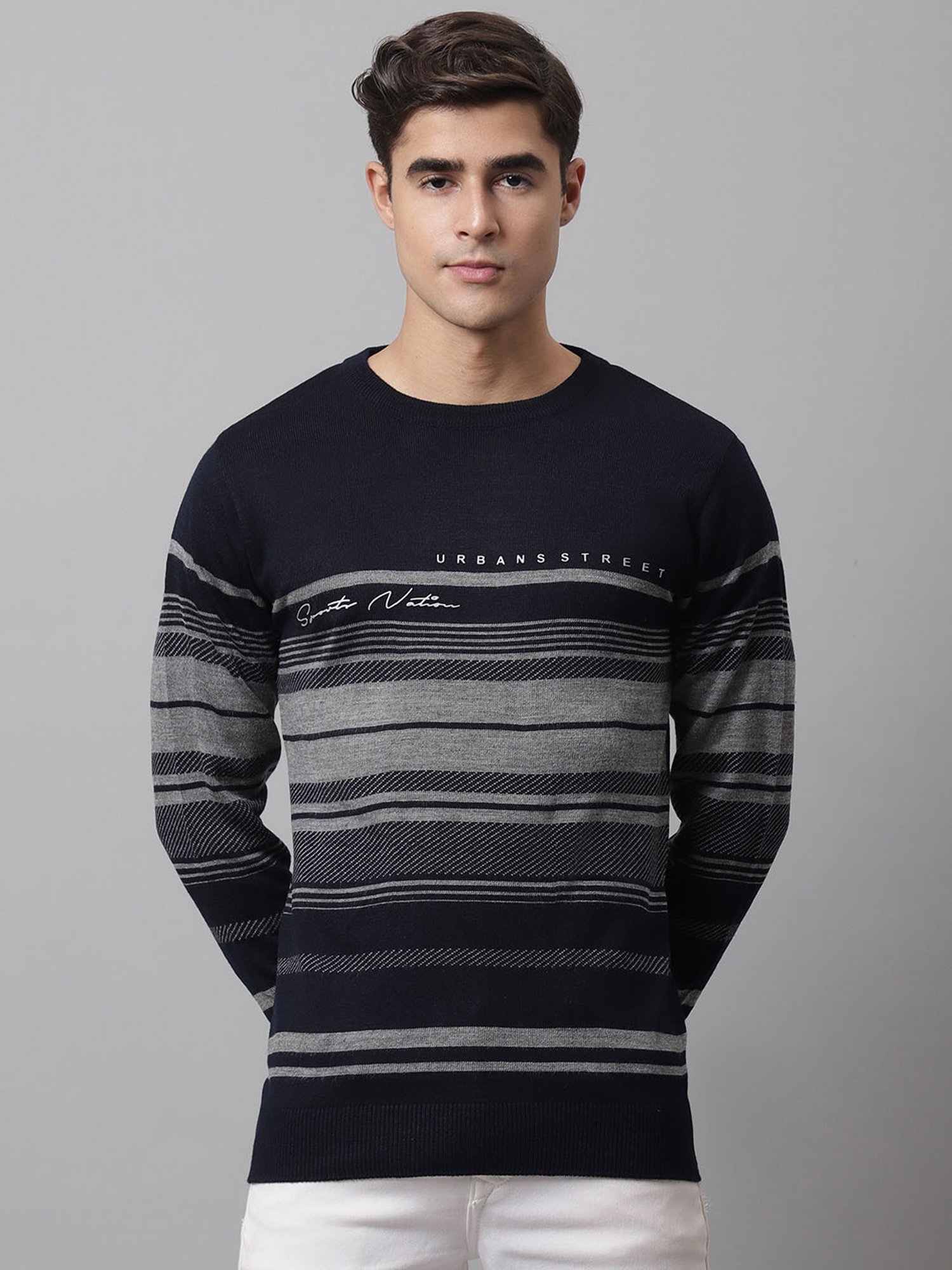 Cantabil Dark Navy Regular Fit Striped Sweater