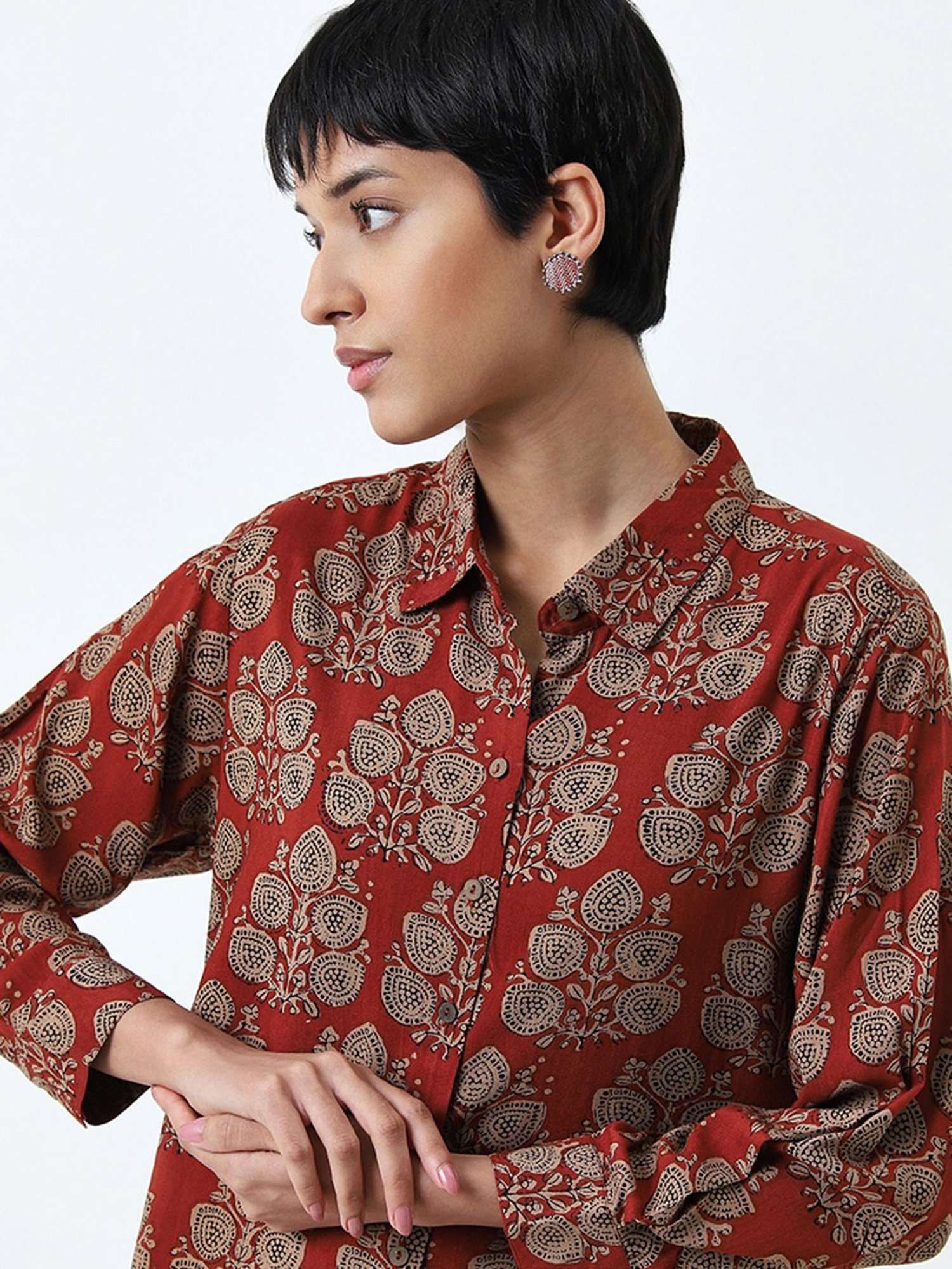 Utsa by Westside Dusty Red Foliage Printed Ethnic Tunic