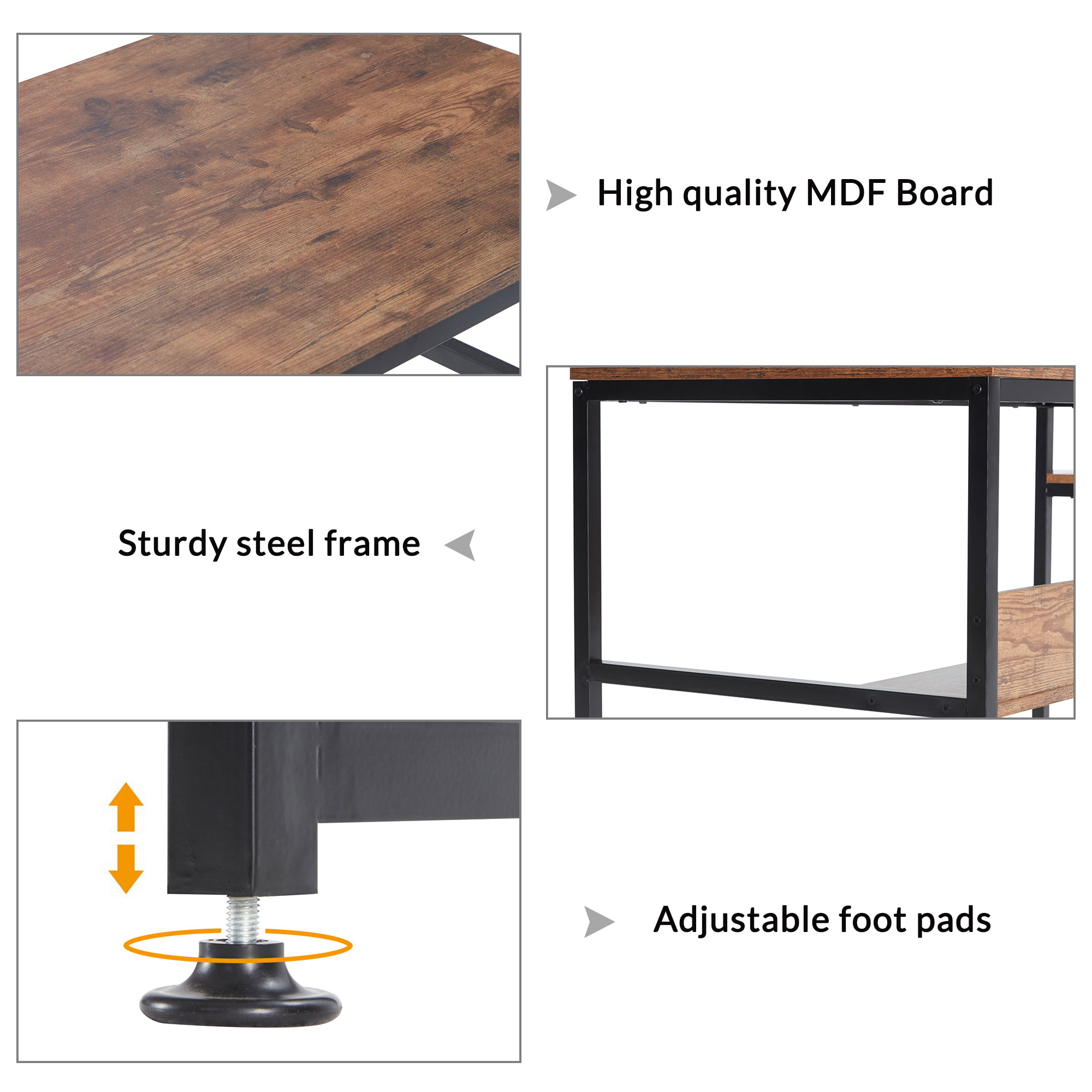 59" Home Office Computer Desk Large Modern Office Desk Study Writing Table Gaming Desk Workstation with 4-Tier Storage Shelves, Bookshelf and Tower Shelf Brown