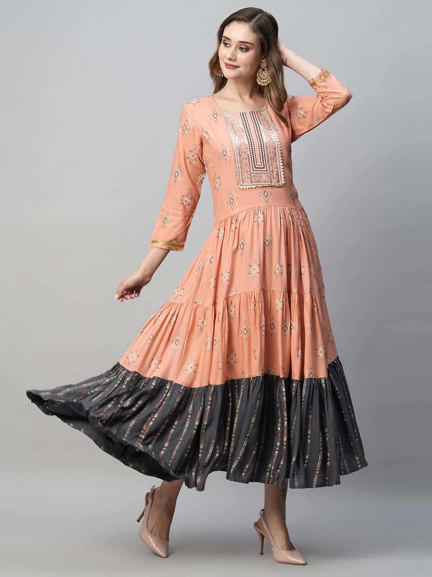 KIANA Peach Printed Maxi Dress