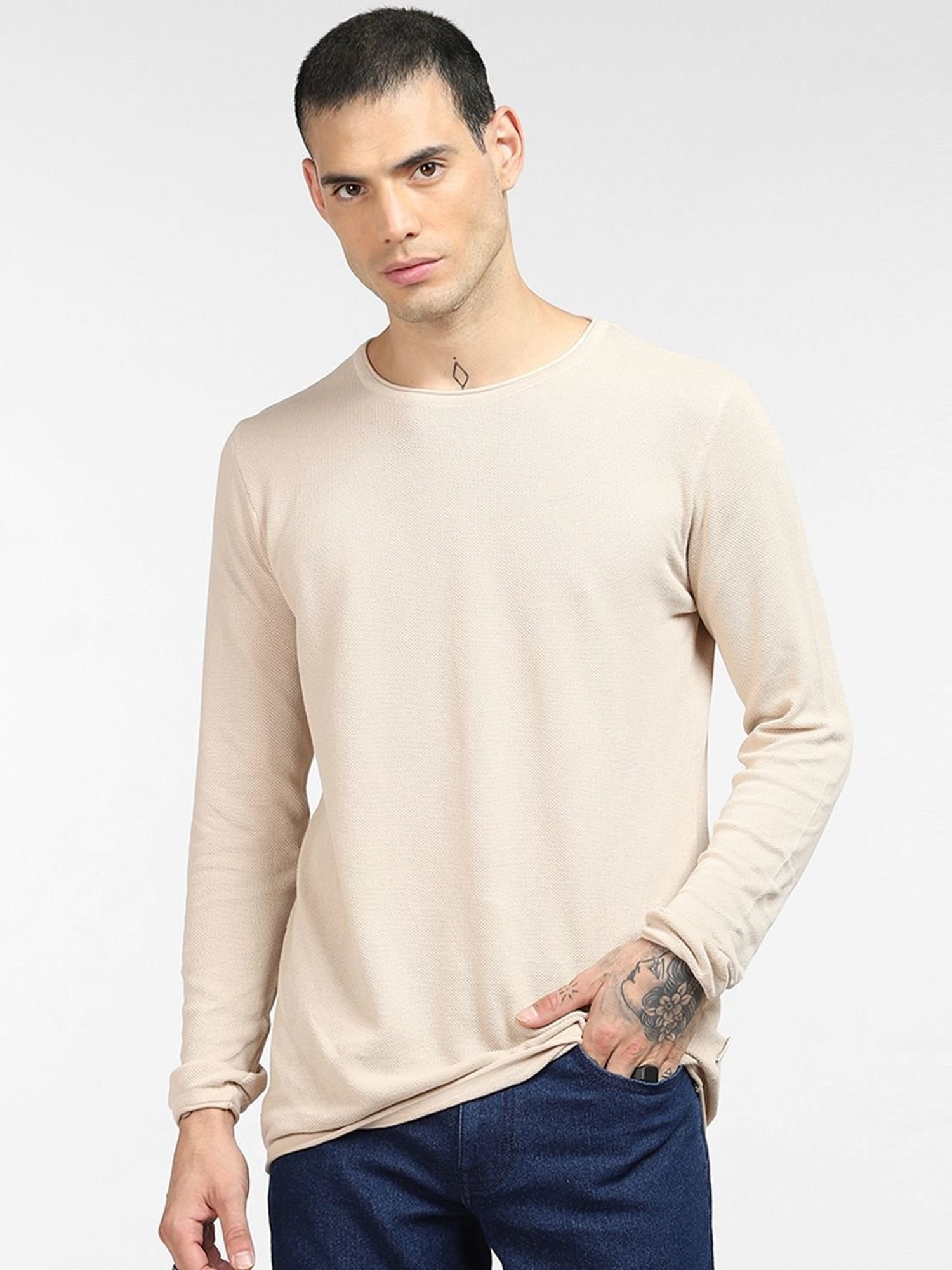 Jack & Jones Beige Cotton Regular Fit Sweater