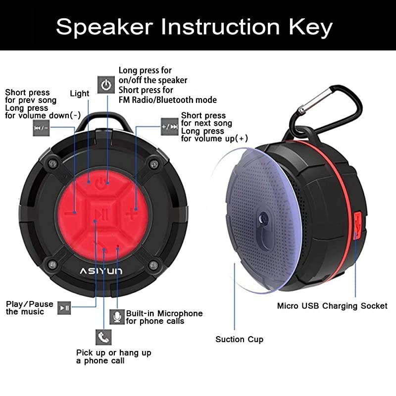 Shower Radios Waterproof Speaker with Louder HD Sound 4H Playtime Portable Wireless Speaker with Suction Cup Built in Mic for Bathroom Pool Beach Outdoor Red