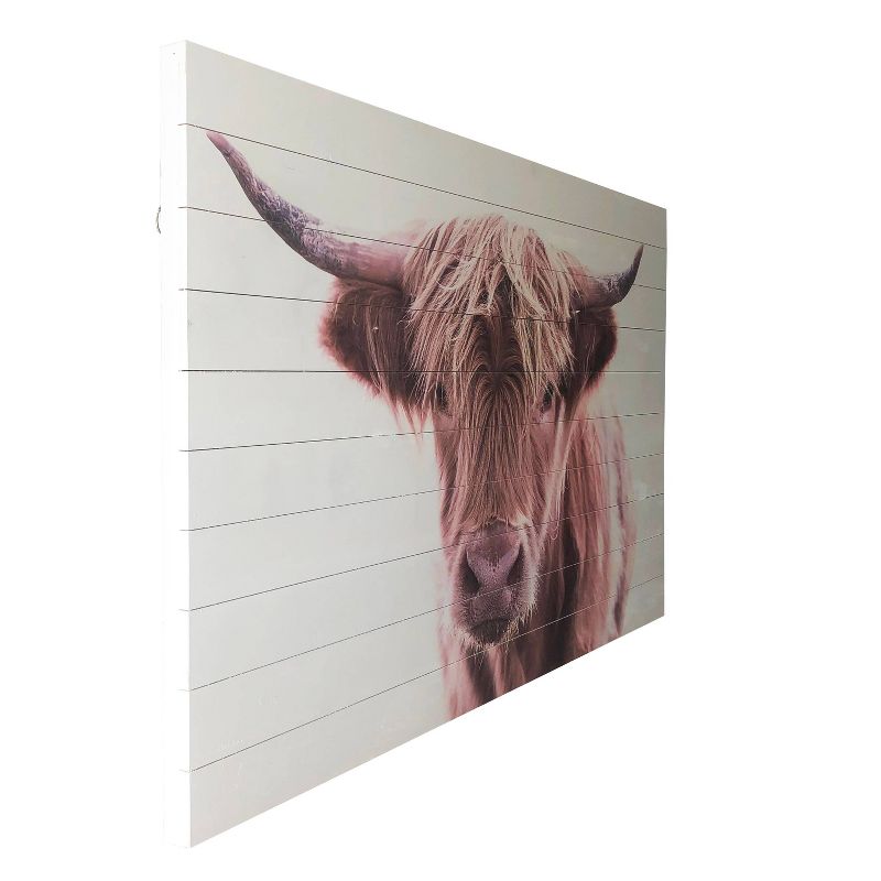 48" x 30" Brown Highland Cow Print on Planked Wood Wall Sign Panel Brown - Gallery 57