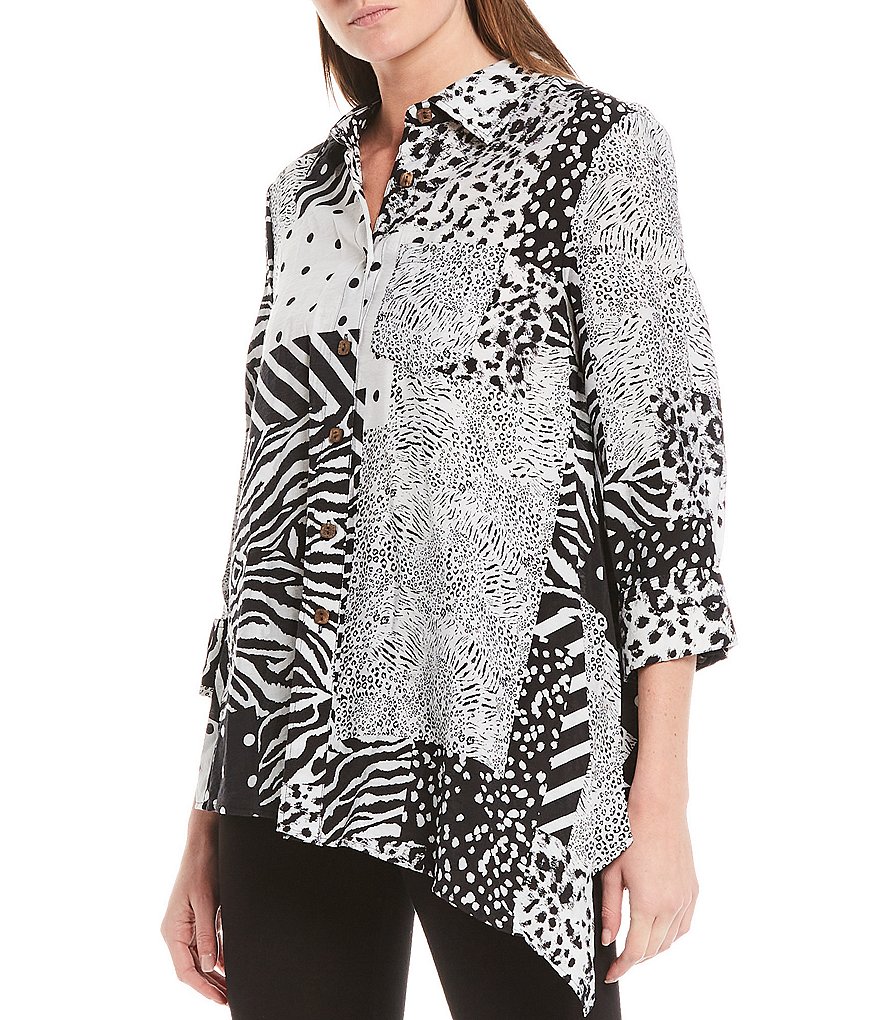 Multiples Mixed Print Crinkle Woven 3/4 Sleeve Button Front Asymmetrical Hem Shirt