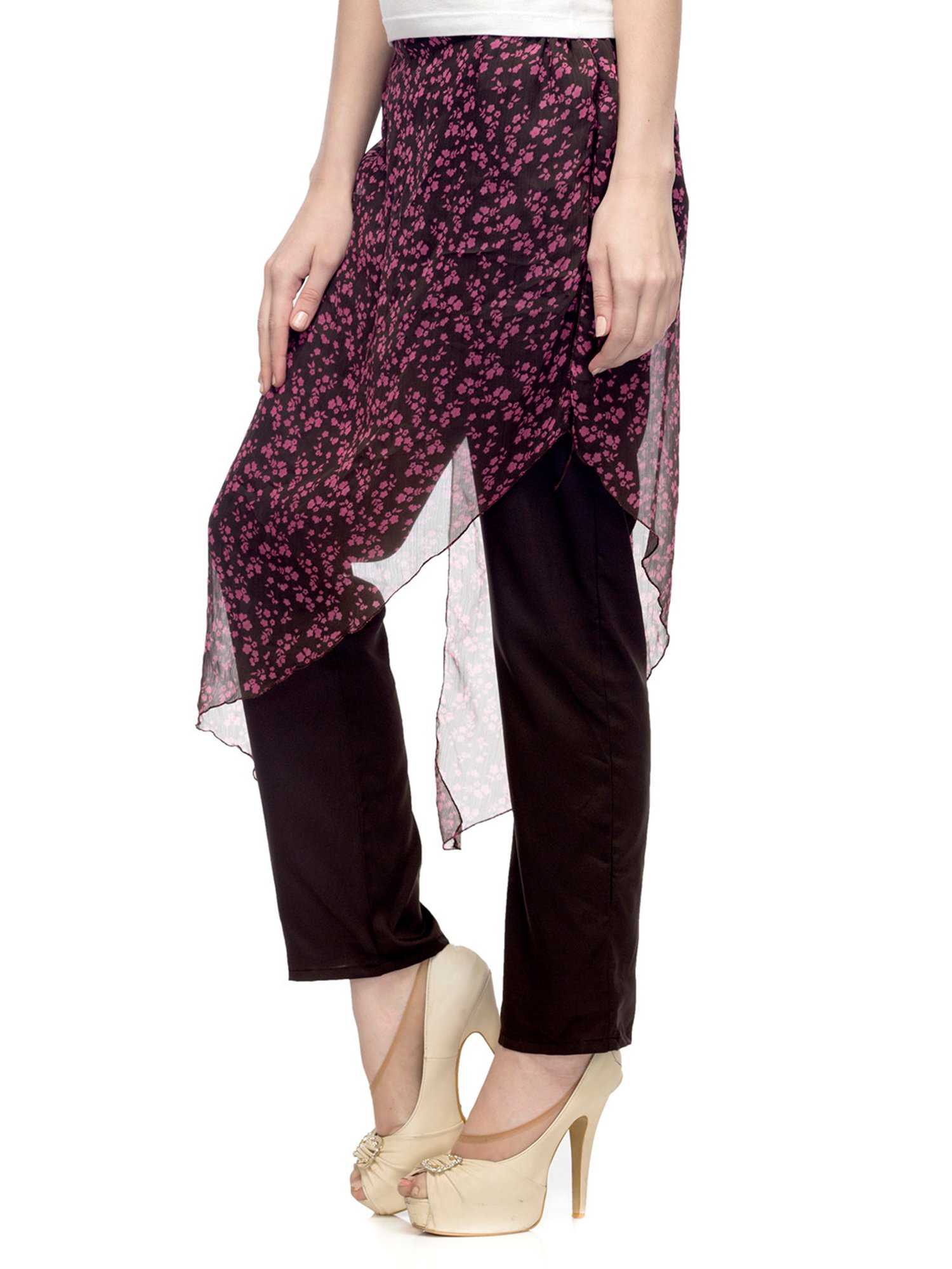 One Femme Black & Pink Printed Regular Fit Low Rise Trousers With Attached Sarong