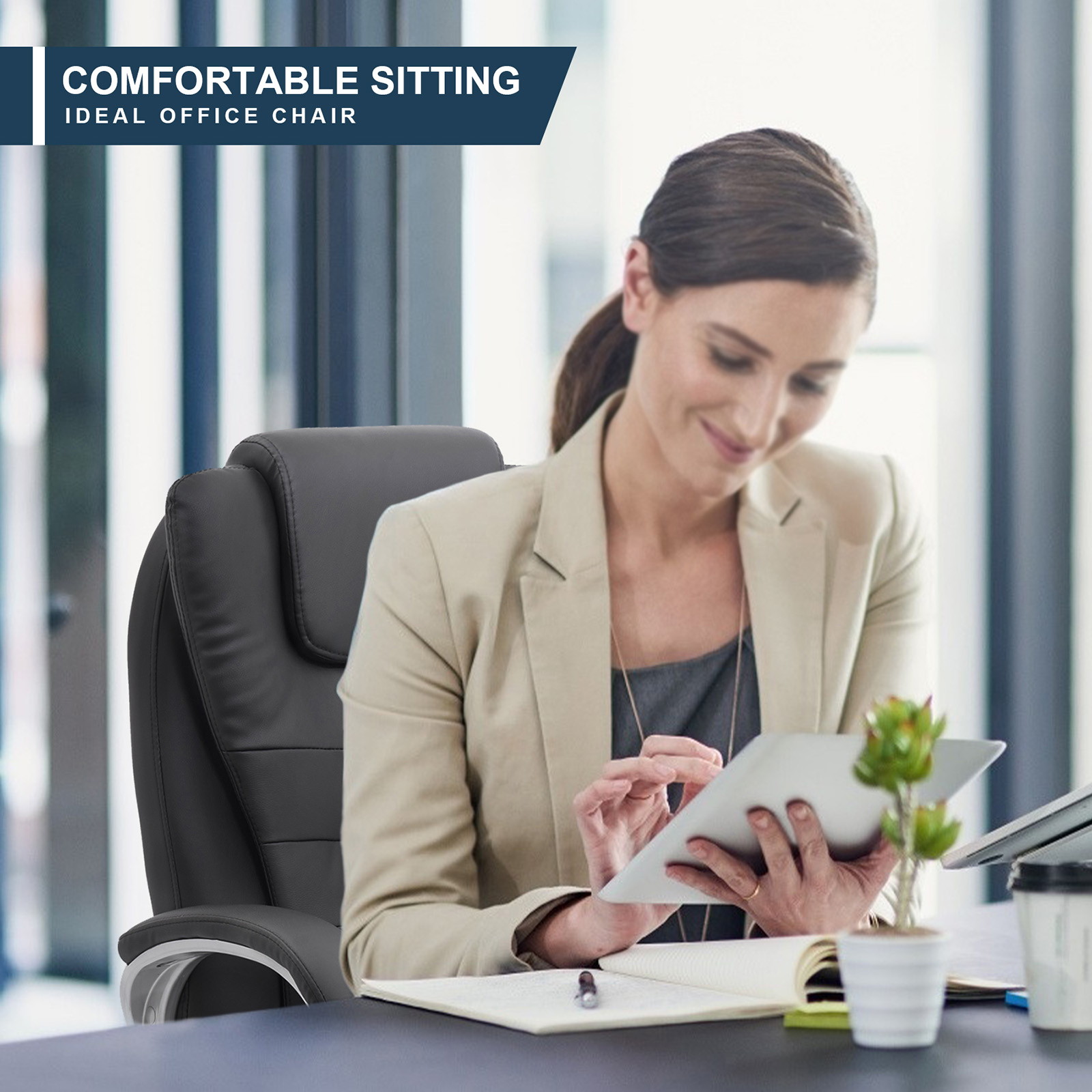 YOUTHUP Office Chair Computer High Back Adjustable Ergonomic Desk Chair Executive PU Leather Swivel Task Chair with Armrests Lumbar Support,White