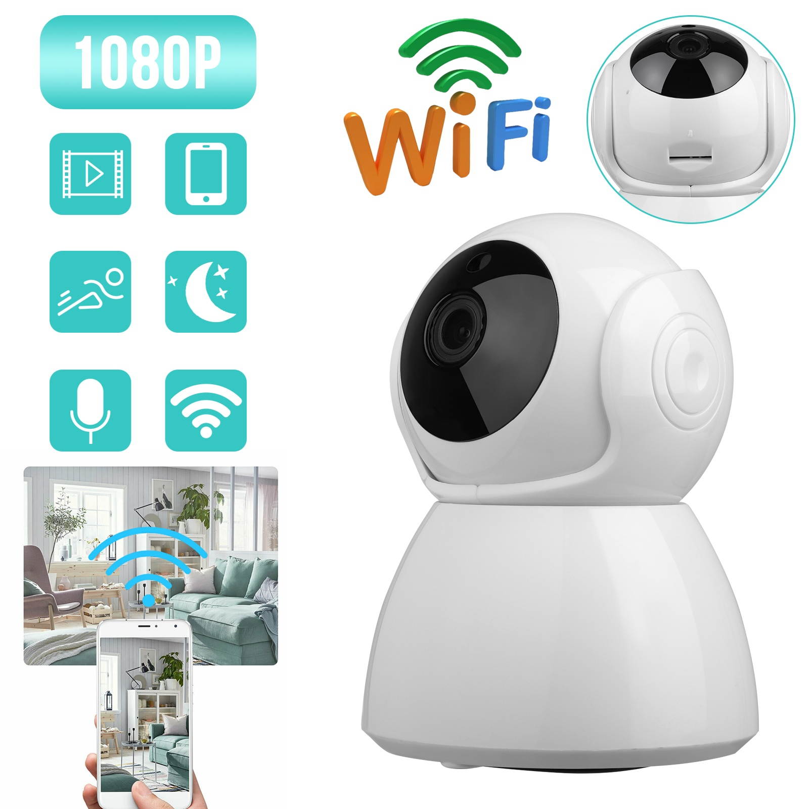 Home Security Camera 1080/720P HD Wifi IP Camera, TSV Indoor Home Wireless Surveillance Camera with Two-Way Audio, Remote Access, Motion Detect, Micro Card Storage(NOT INCLUDED)