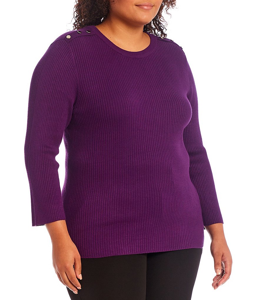 Ruby Rd. Plus Size Ombre Striped 3/4 Sleeve Button Front Long Cardigan