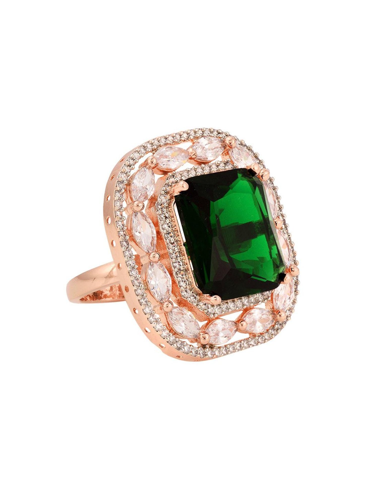 Saraf RS Jewellery Rose Gold Emerald Green Studded Adjustable Statement Cocktail Finger Ring