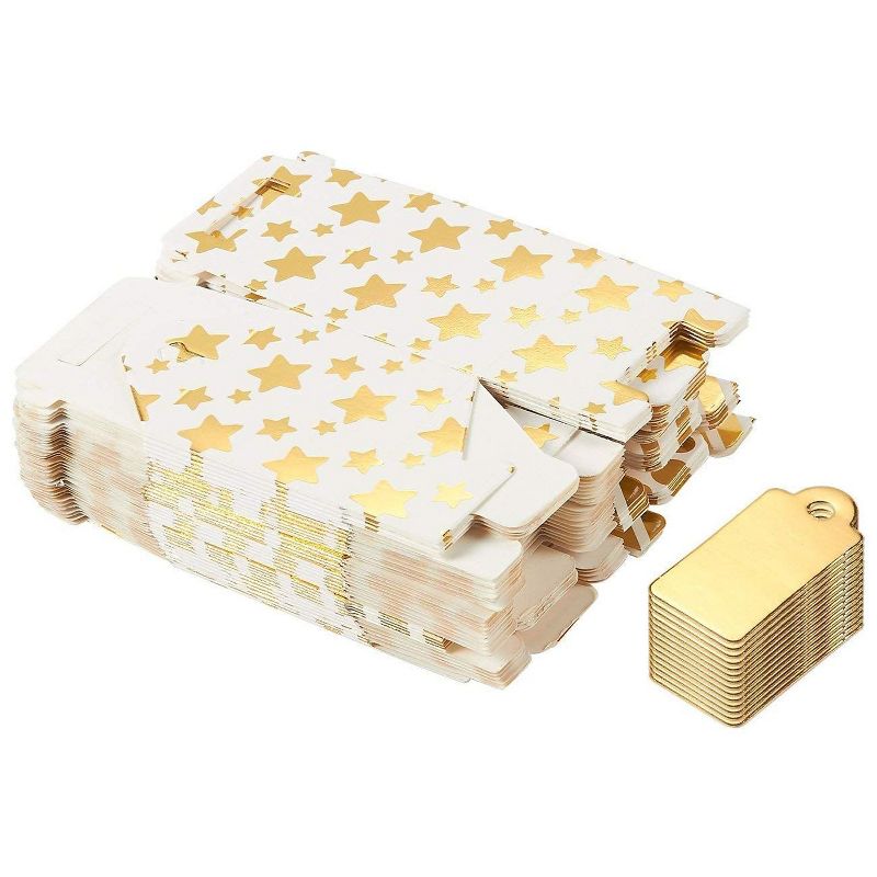 36 Paper Treat Boxes with Tags for Party Favor Goodie Gift, Bright Golden, 2x2x2