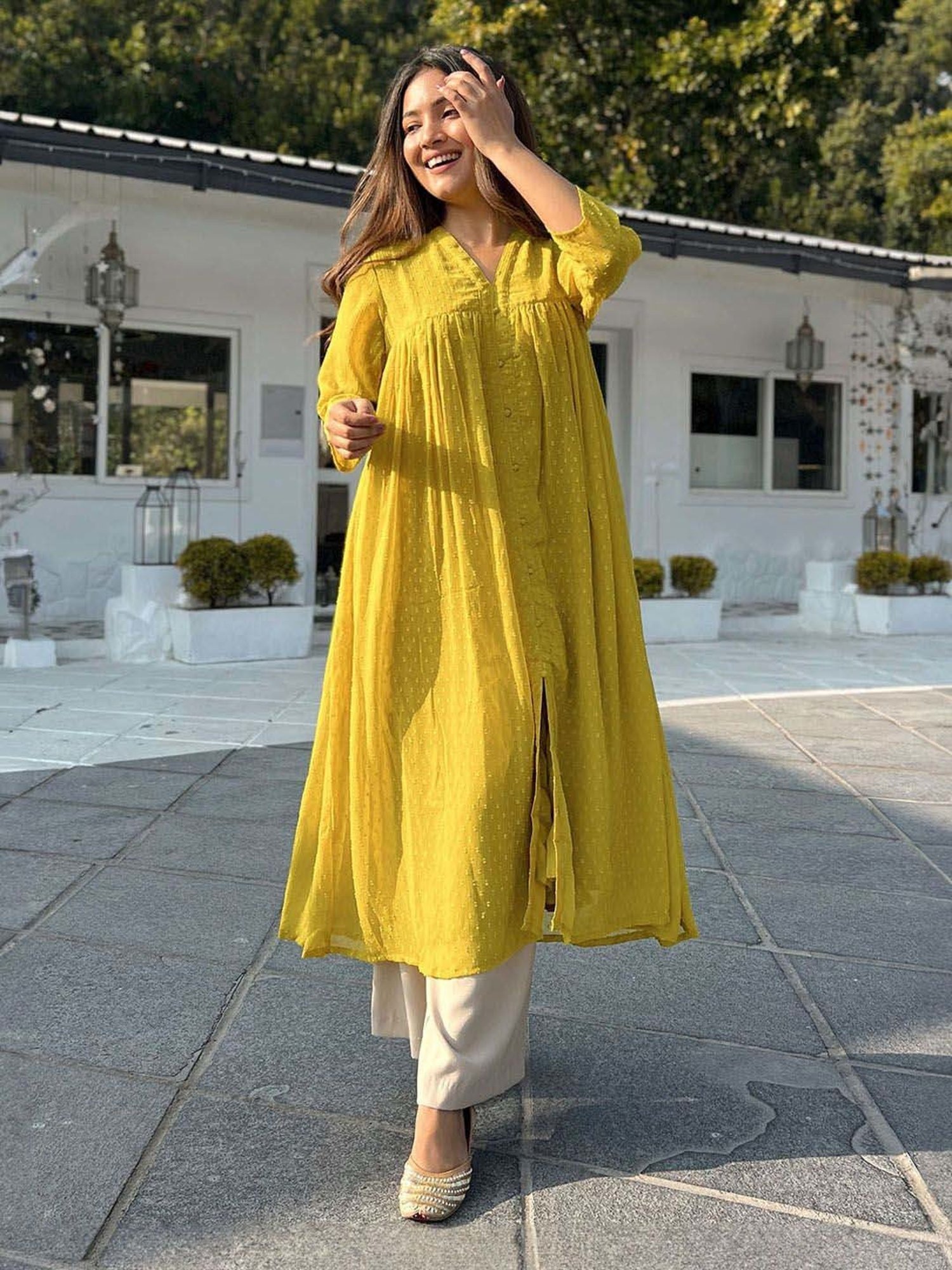 Janasya Mustard Woven Pattern A Line Kurta