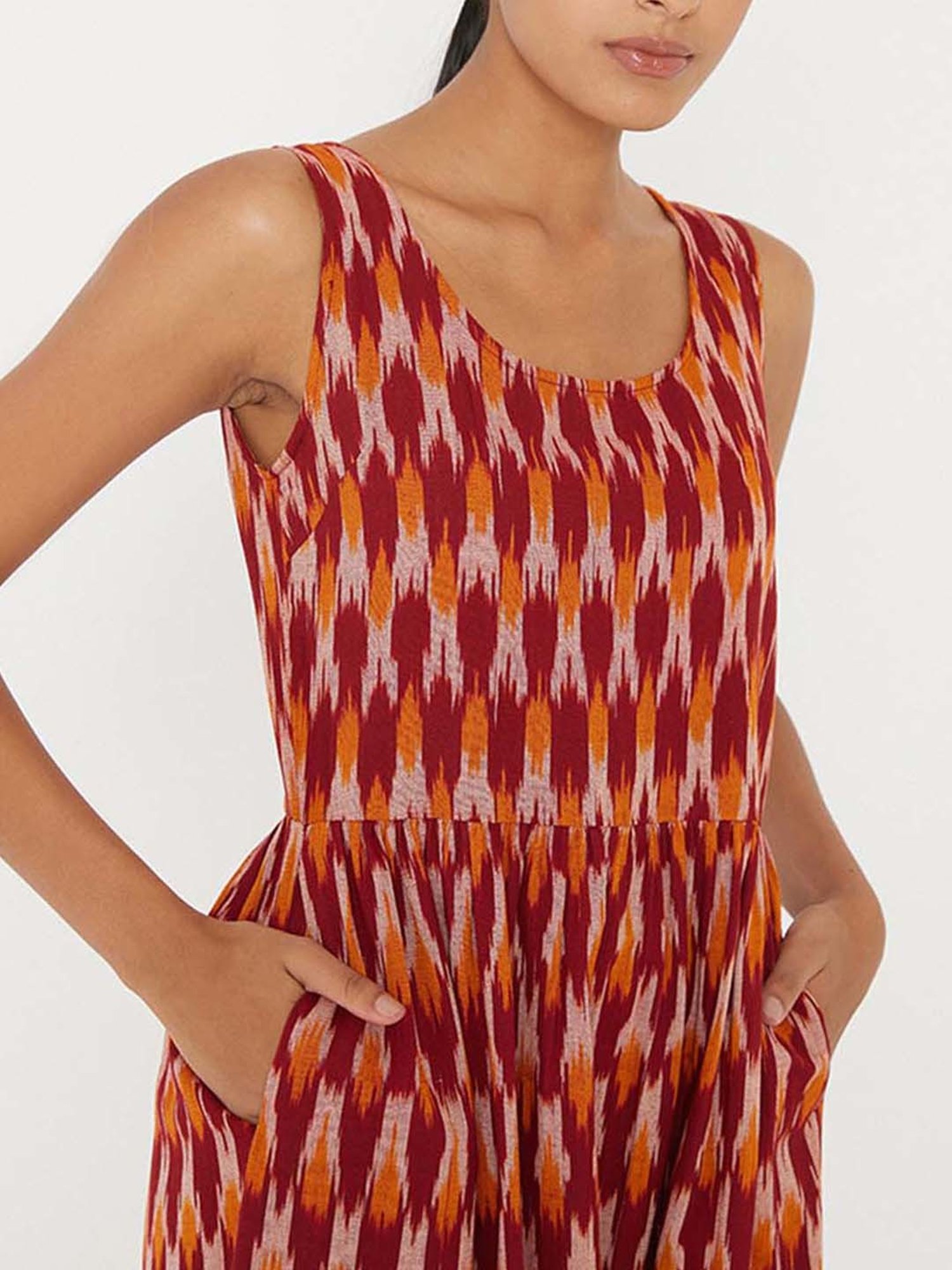 ANCESTRY Orange & Red Printed Midi Dress