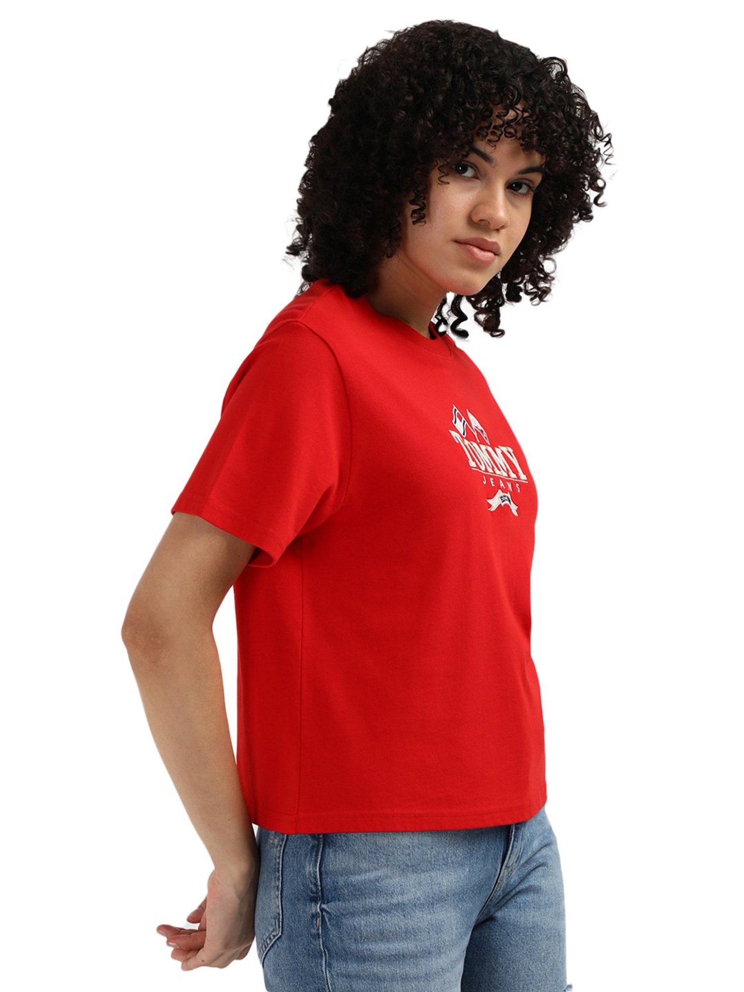 Tommy Hilfiger Red Pure Cotton Embroidered Women Regular Fit T-Shirt