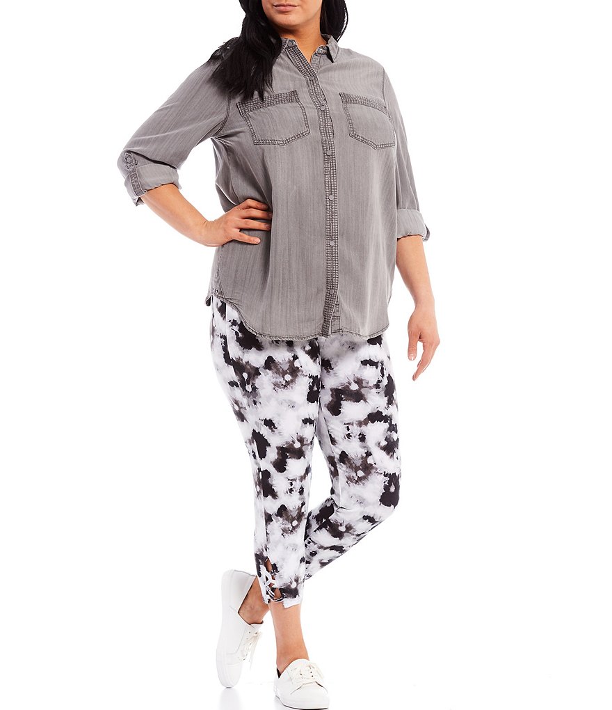 Intro Plus Size Splash Tie Dye Loop Strap Hem Detail 7/8 Ankle Pull-On Leggings