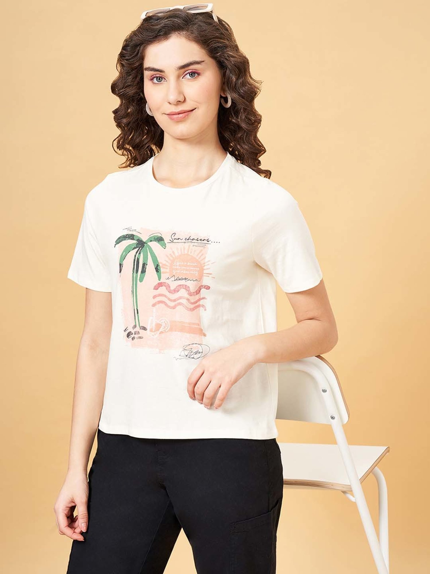 People by Pantaloons White Cotton Printed T-Shirt