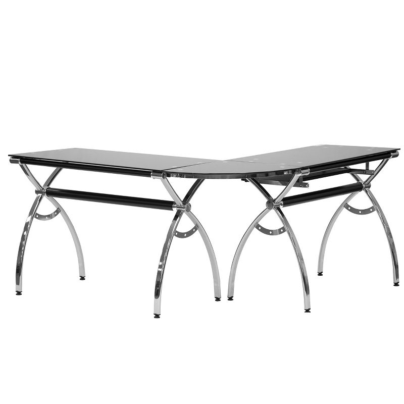 L Shaped Colored Tempered Glass Top Desk with Pull Out Keyboard Tray Black - Techni Mobili