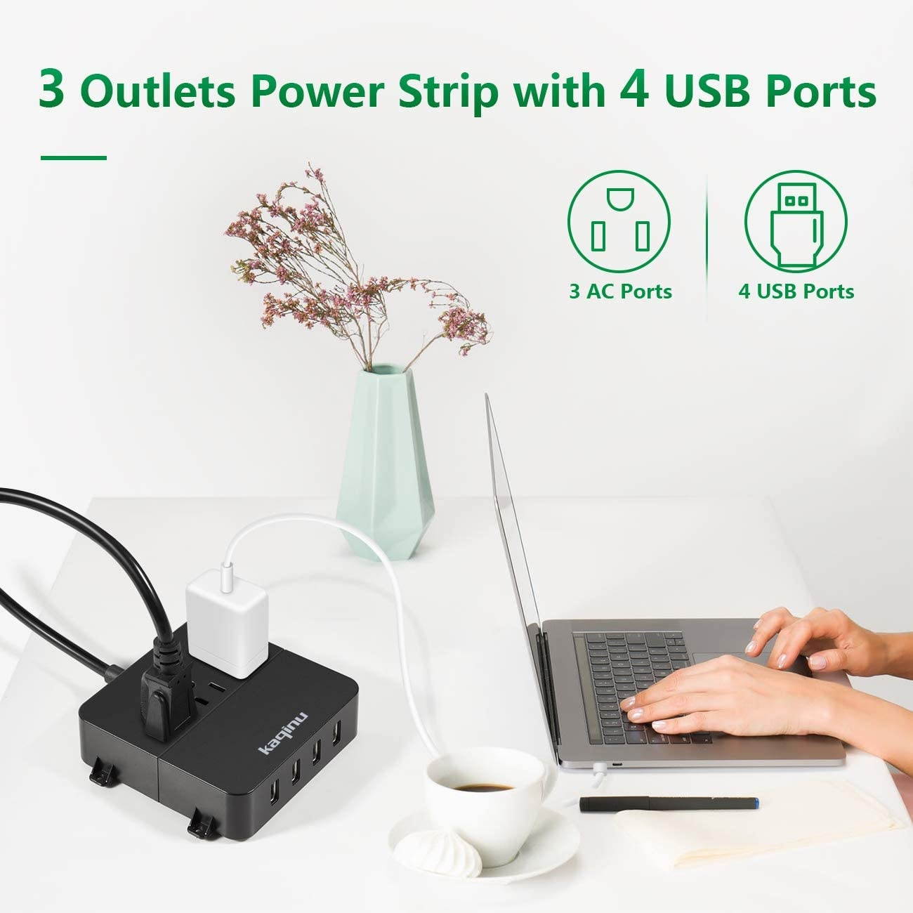 Power Strip with USB - Wall Mountable Power Strip with 4 USB Ports & 3 Outlets with On/Off Switch & 5ft Extension Cord for Cruise Ship, Travel, Hotel, Office (Black)