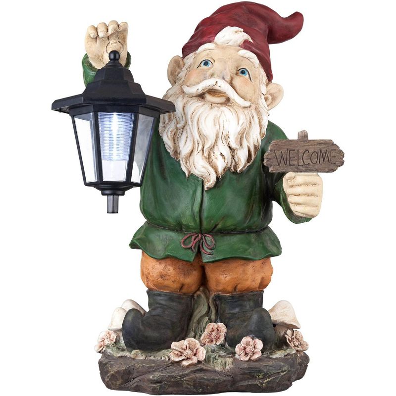John Timberland Outdoor Statue with Light Solar LED 16" High Welcome Gnome with Lantern for Yard Garden Patio Deck Home Entryway