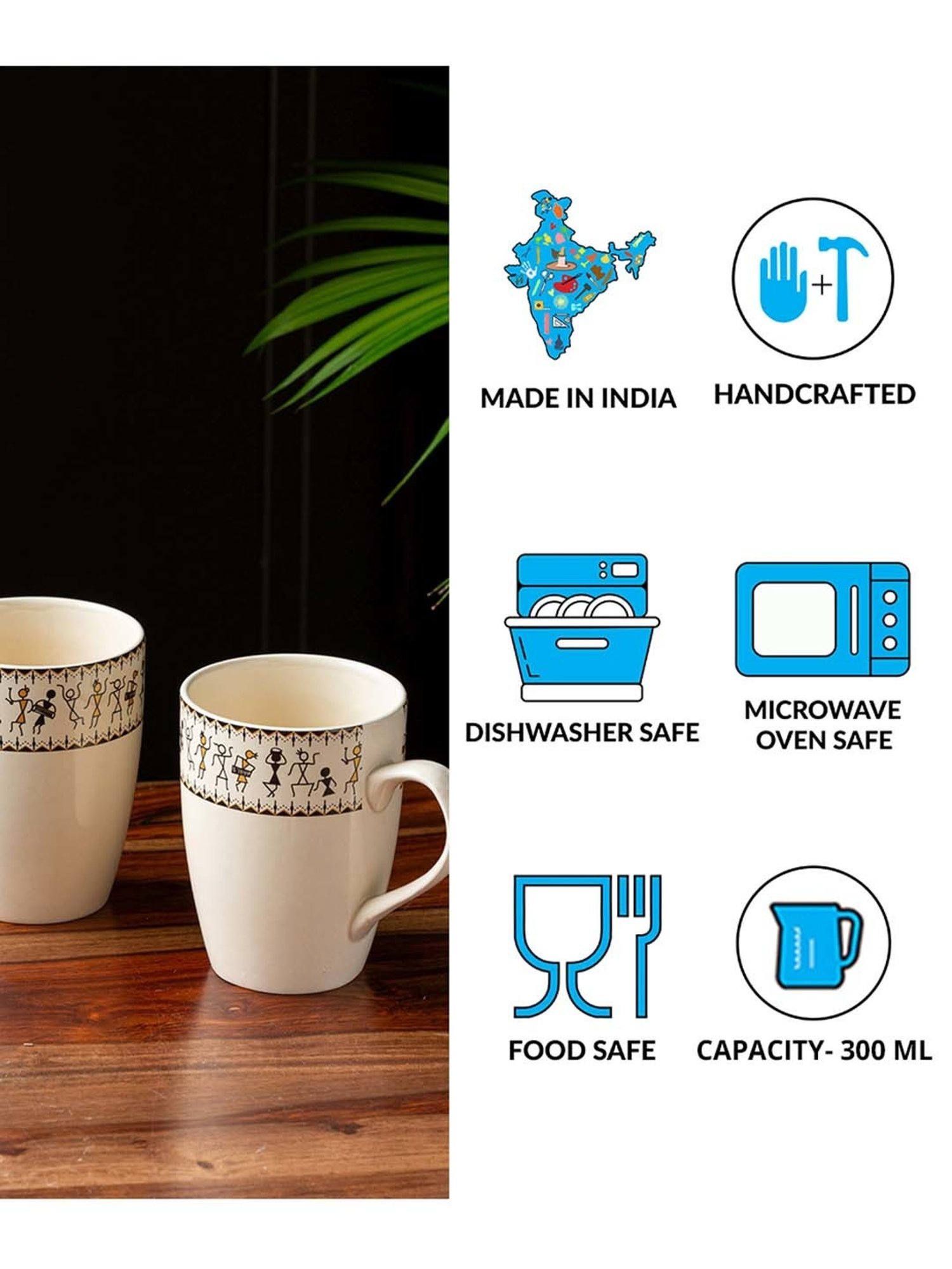 ExclusiveLane 'Whispers of Warli' Handcrafted Ceramic Tea & Coffee Mug (300 ML, Microwave Safe)