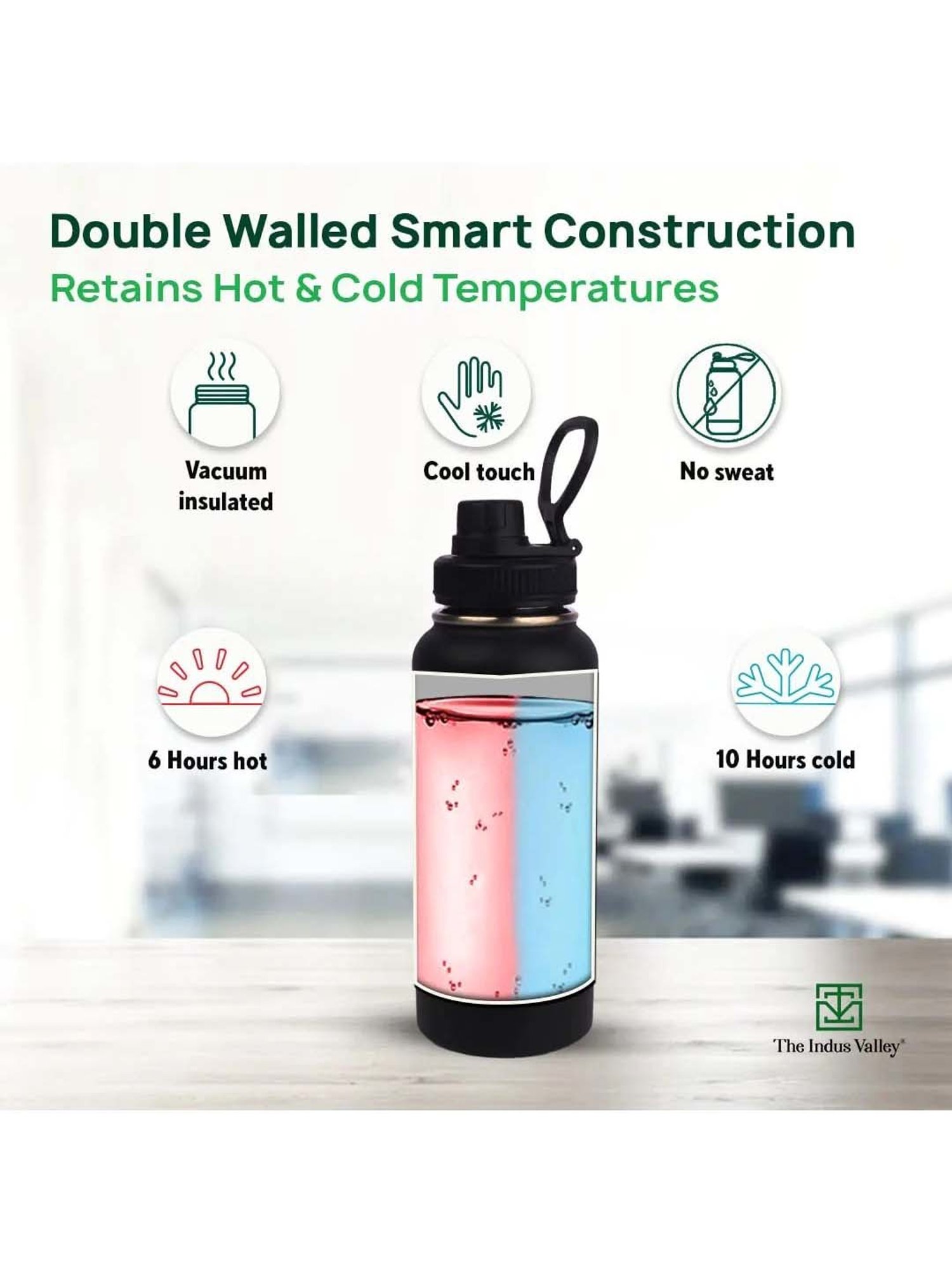 The Indus Valley Black Stainless Steel Vaccum Insulated Double-Walled Bottle Flask (1 L)