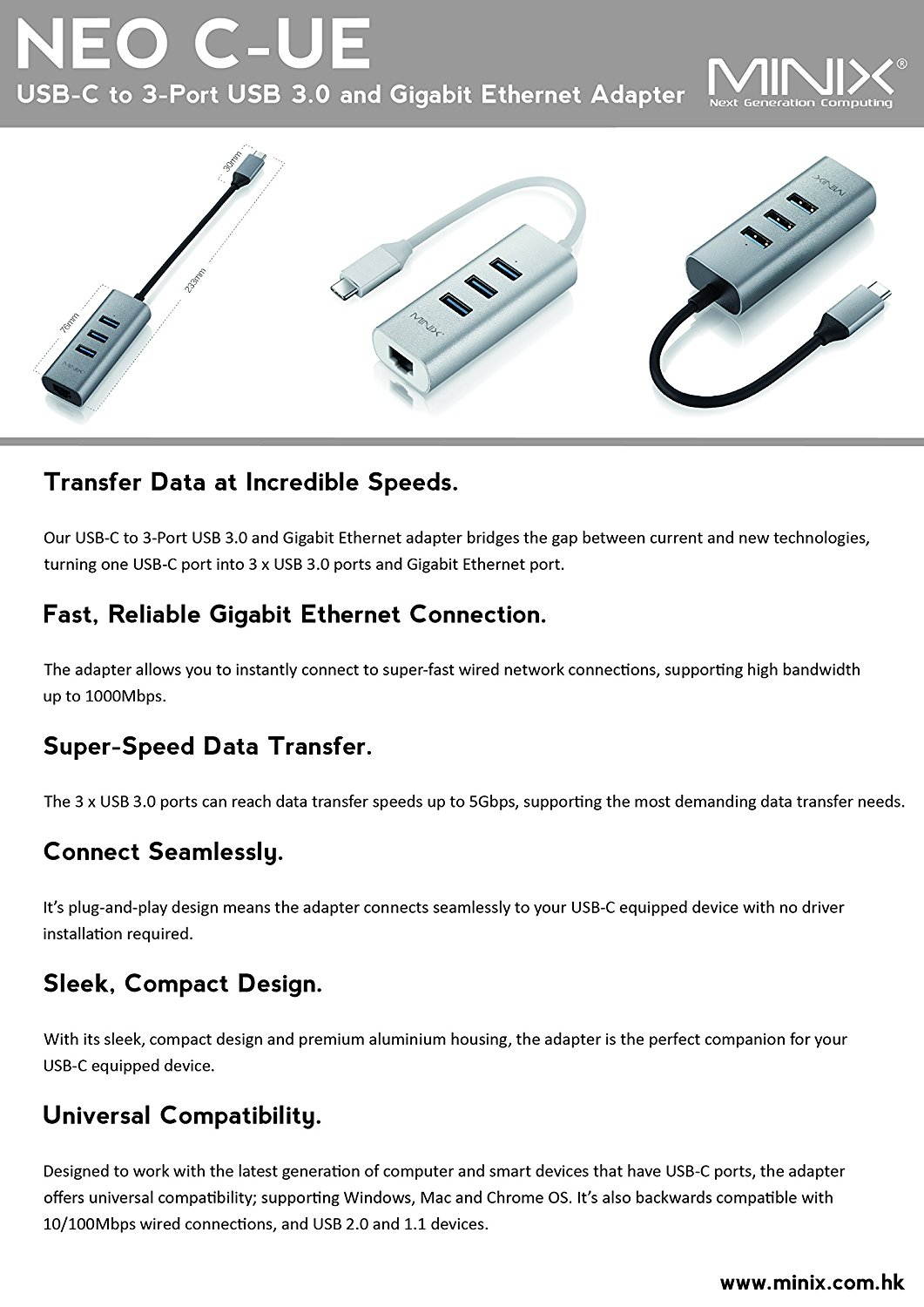 MINIX NEO C-UE, Aluminium USB-C to 3-Port USB 3.0 and Gigabit Ethernet Adapter [Universal Compatibility &ndash; Windows, Mac and Chrome OS] (Space Gray / Silver). Sold Directly by MINIX&reg; Technology Limited.