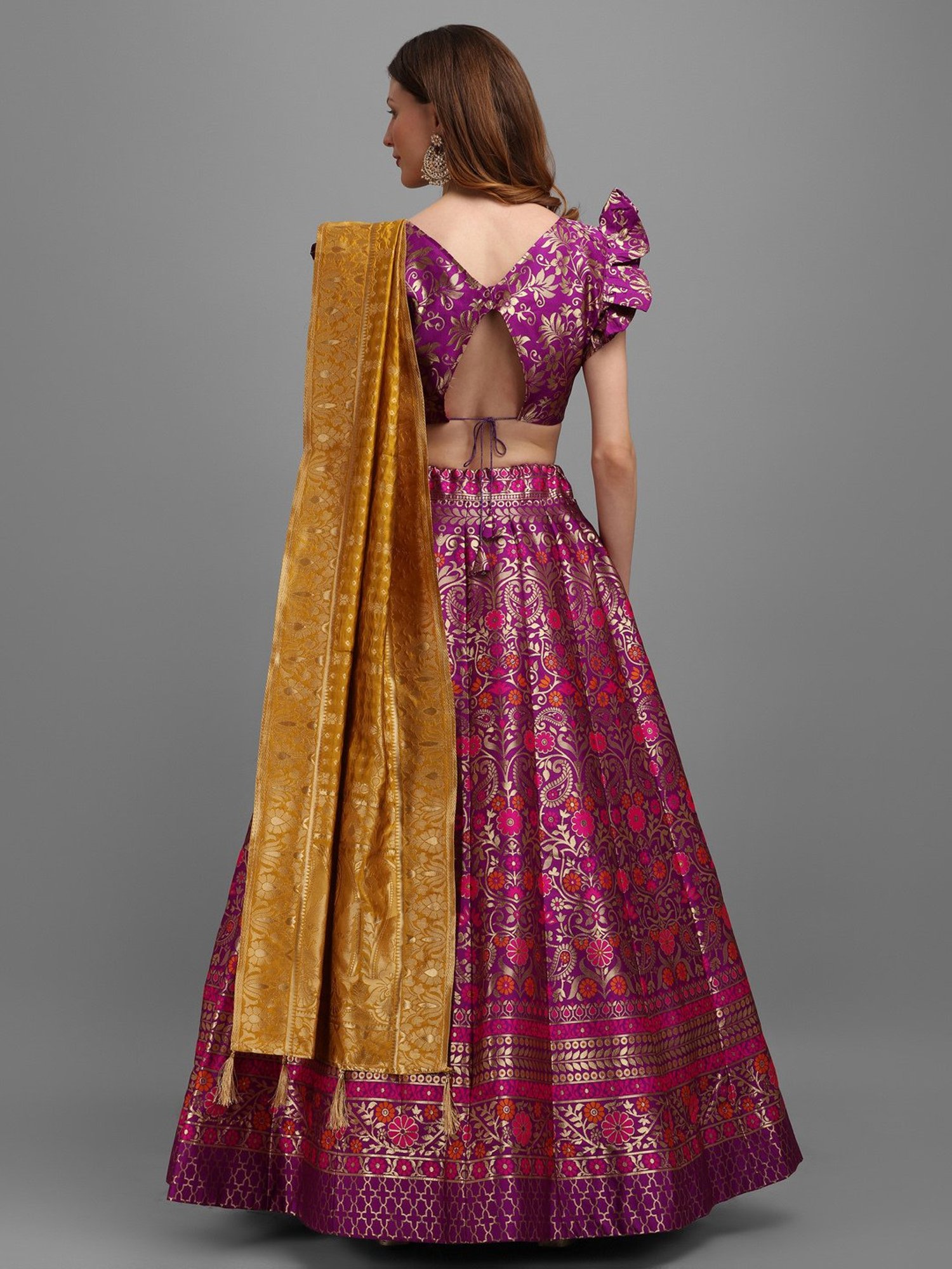 PURVAJA Wine Floral Print Stitched Lehenga & Unstitched Blouse With Dupatta