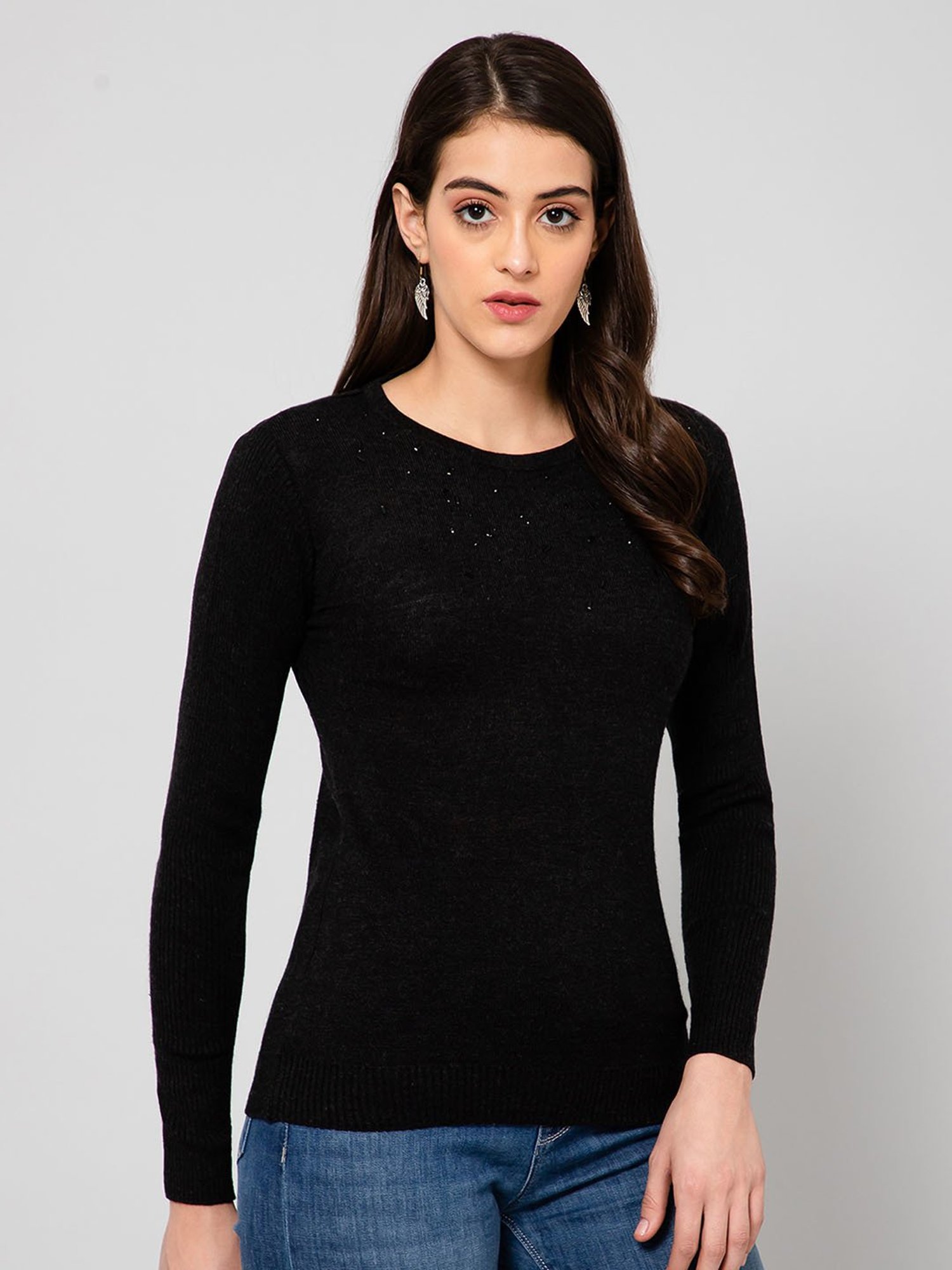 Crozo By Cantabil Black Wool Embellished Pullover