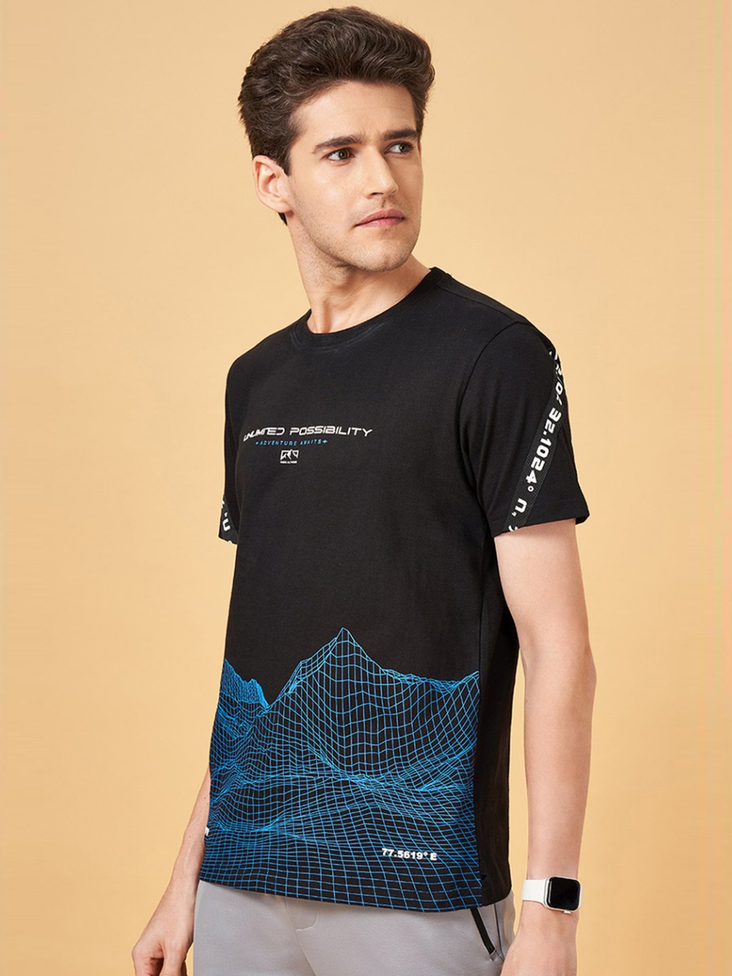 Ajile by Pantaloons Jet Black Cotton Slim Fit Printed T-Shirt