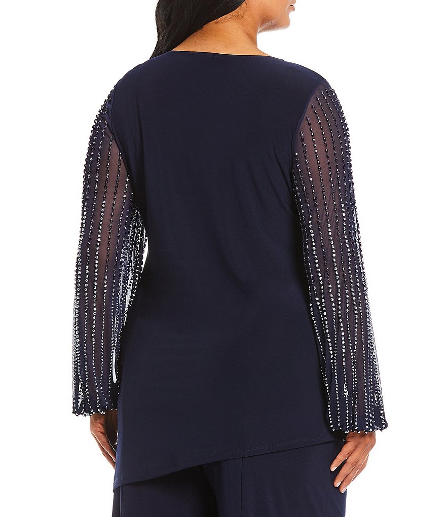 Marina Plus Size Beaded Long Sleeve Jewel Neck 2-Piece Pant Set