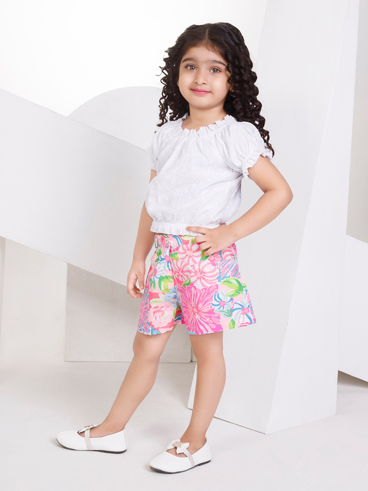 Peppermint Kids White & Pink Self Design Top with Shorts