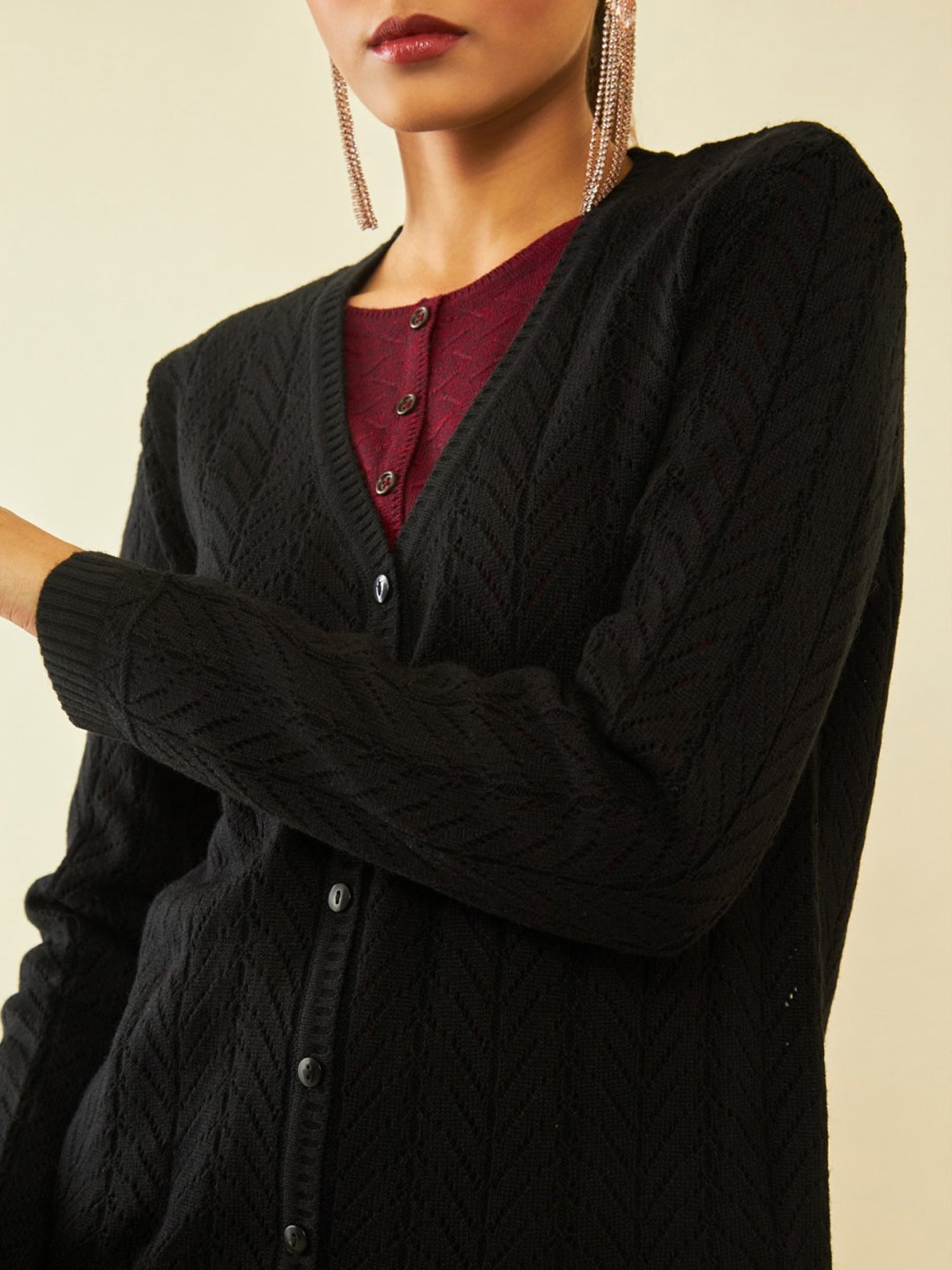 Soch Black Acrylic Chevron Pattern V-Neck Cardigan with Ribbed Hems