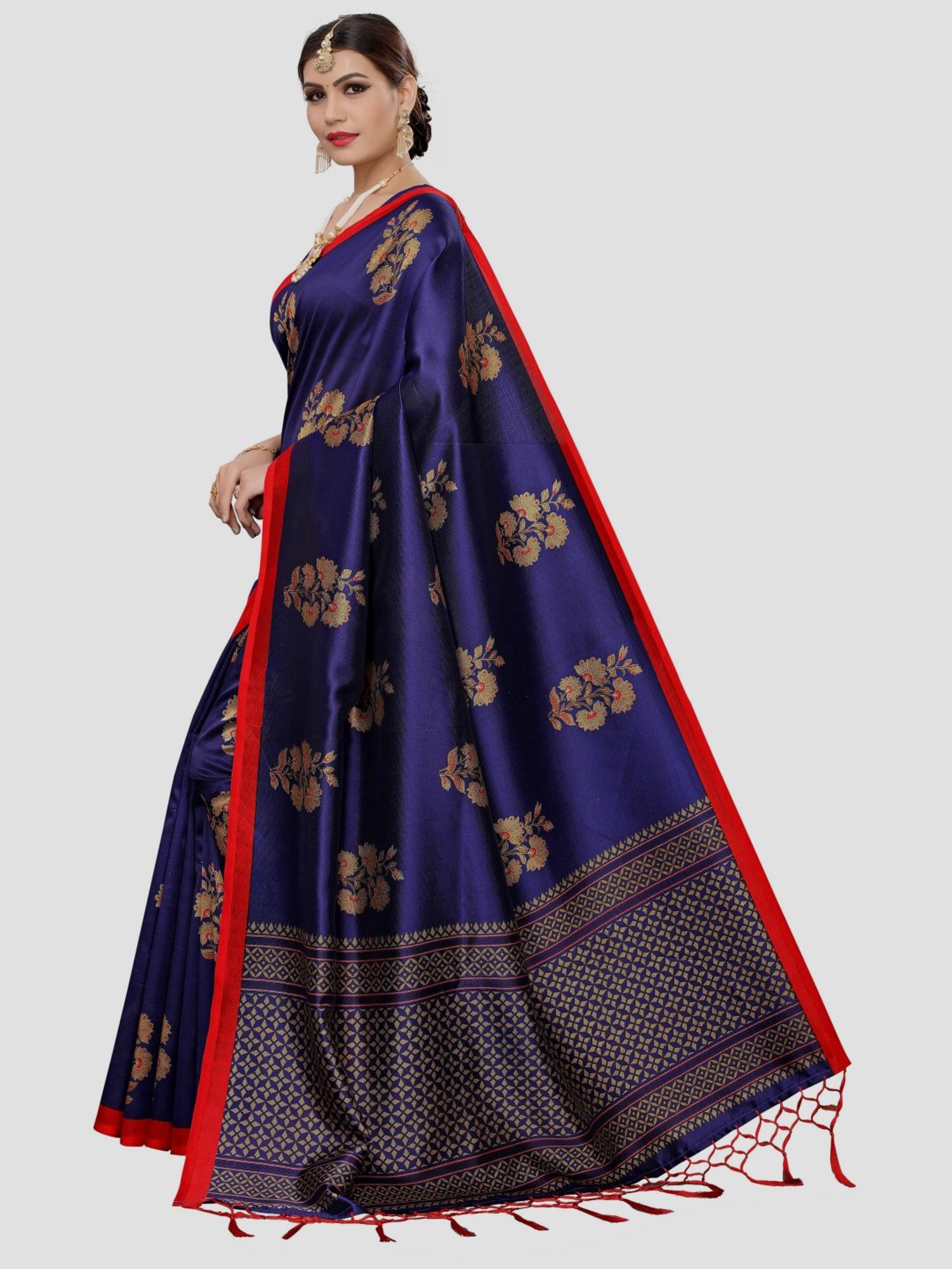 KSUT Ink Blue Printed Saree With Unstitched Blouse