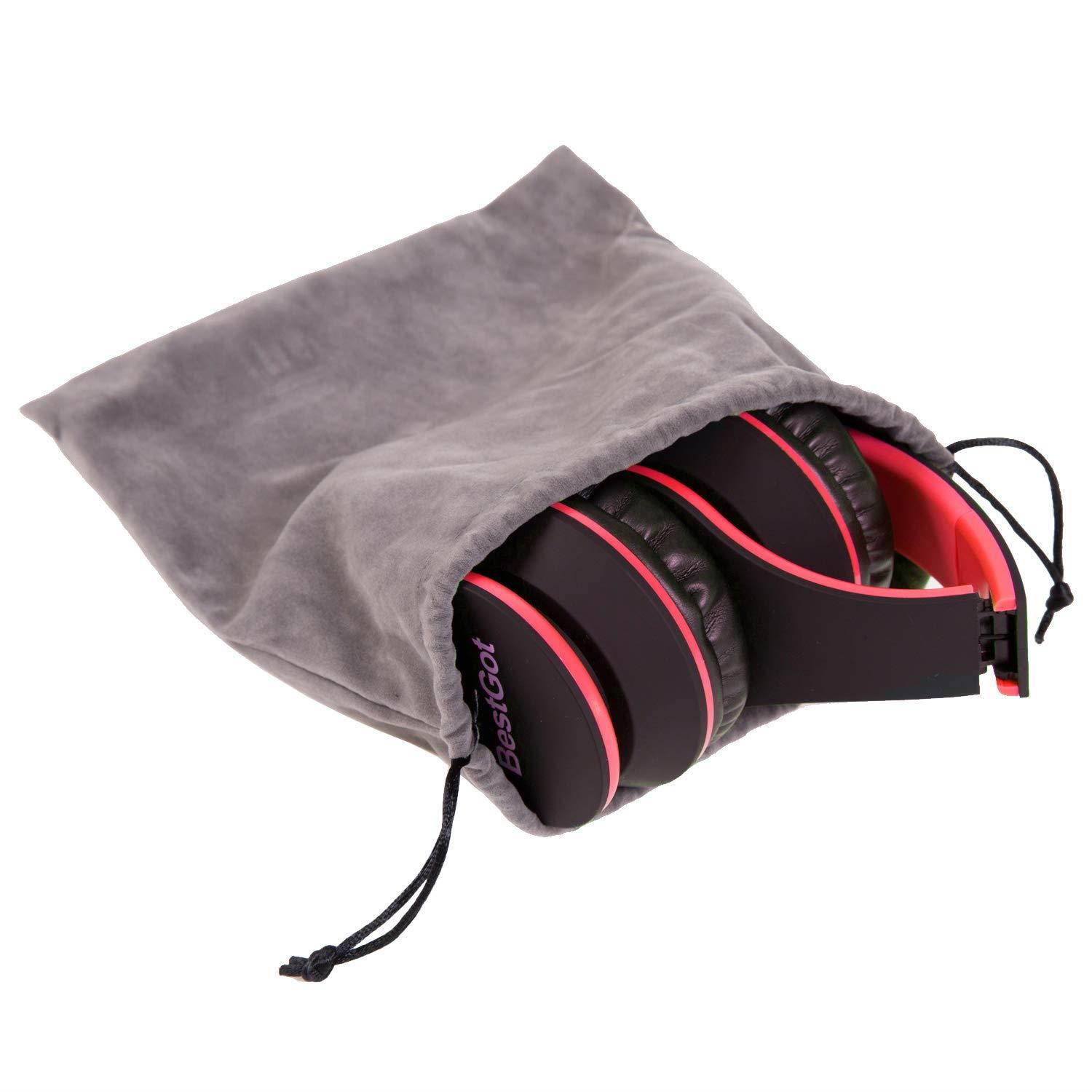 BestGot Headphones for Kids Boys Over Ear Kids Headphones with Microphone in-line Volume with Cloth Bag Foldable Headphones with 3.5mm Plug Removable Cord (Black/Red)