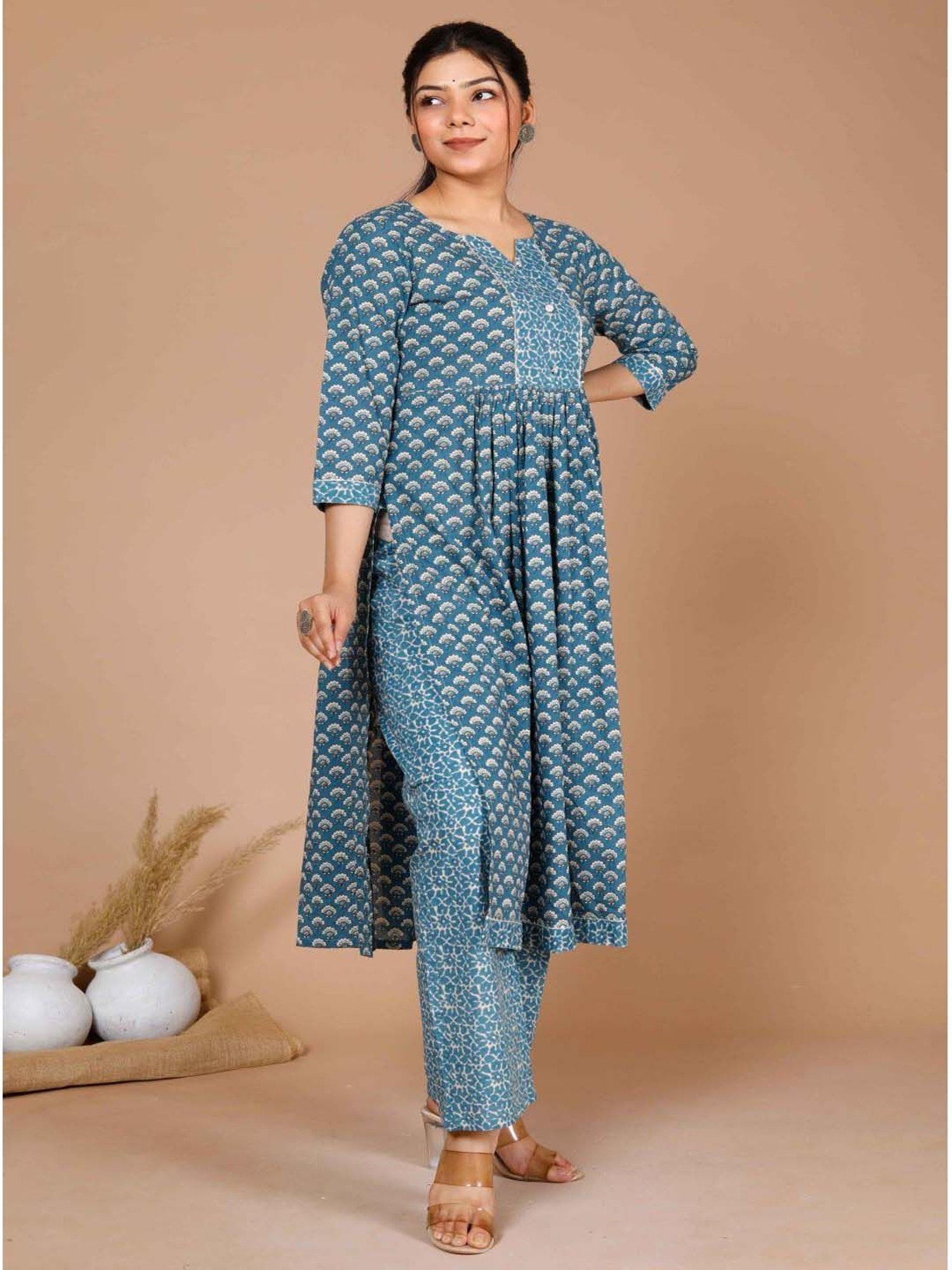 Miravan Blue Cotton Printed Kurta Pant Set