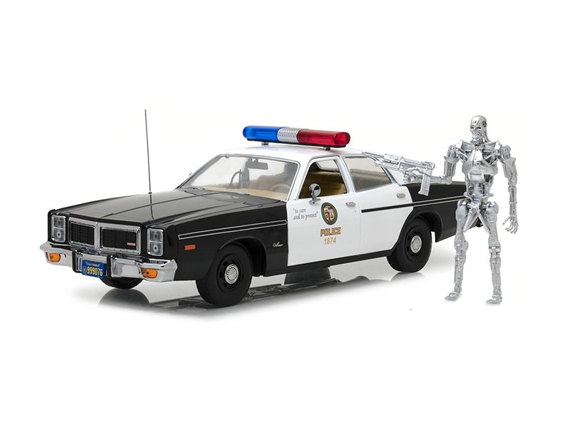 1977 Dodge Monaco Metropolitan Police with T-800 Endoskeleton Figurine "The Terminator" (1984) Movie 1/18 Diecast Model Car by Greenlight