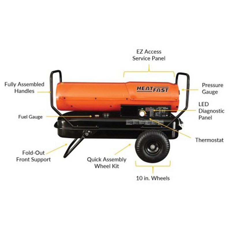 HeatFast HF125K 125,000 BTU Portable Home Jobsite Forced Air Kerosene/Diesel Salamander Torpedo Space Heater with Thermostat Temperature Control