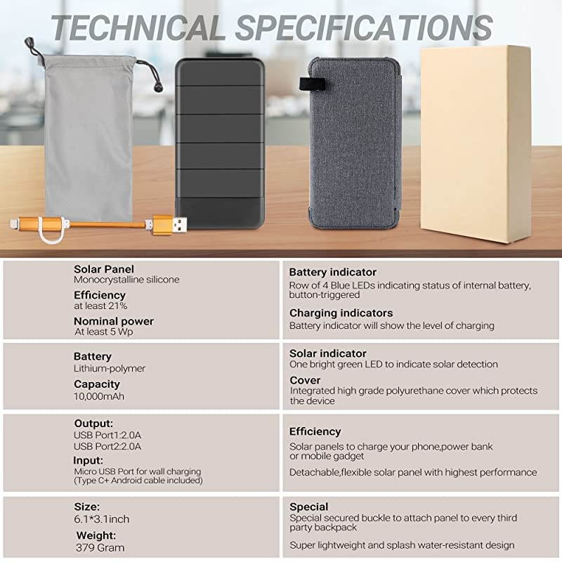 Phone Charger 10.000mAh Power Bank - Portable Smartphone & iPhone Battery + Emergency Flashlight &ndash; (2) USB Ports + (4) Foldable Panels - Fast Charging Smart IC Technology - Camping, Hiking