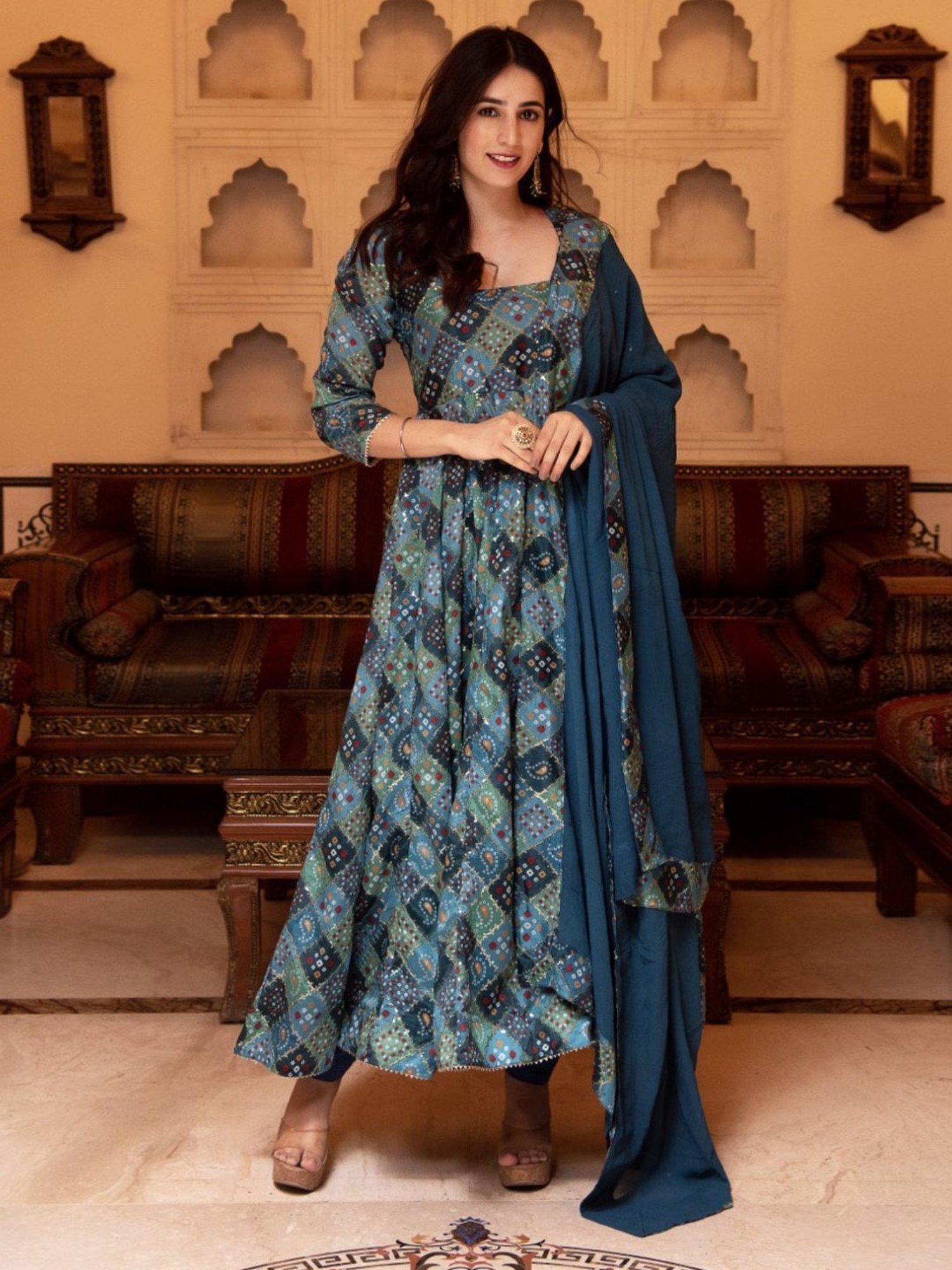 Calmna Naaz Sequin Blue Anarkali Suit Set